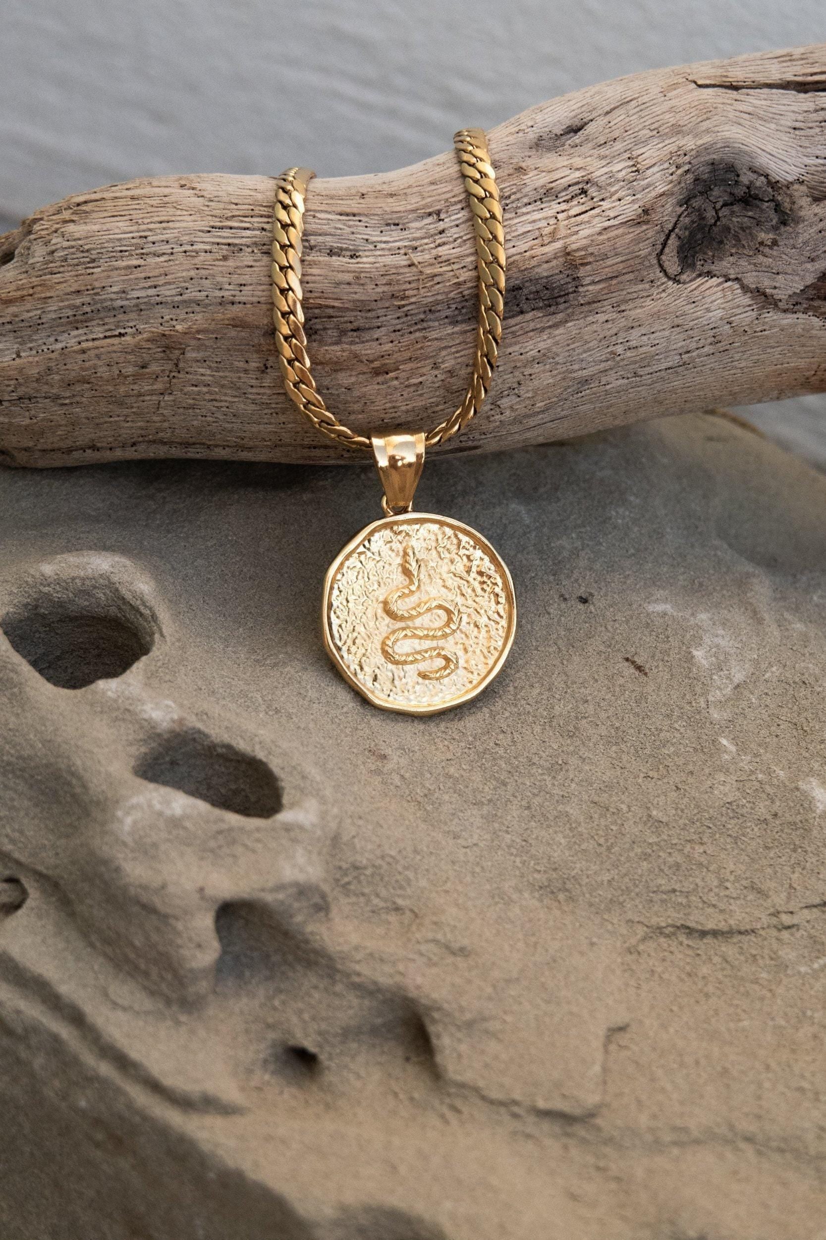 Gold Snake Coin necklace, Medallion Pendant Necklace, Rock style Pendant, Vintage style Necklace, Birthday Gift for Girlfriend, SNAKE