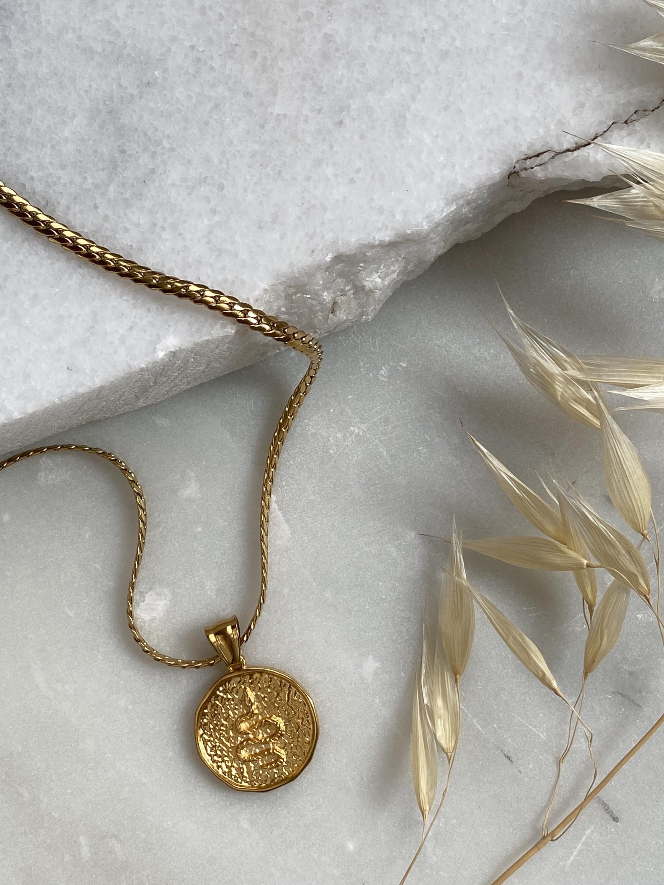 Gold Snake Coin necklace, Medallion Pendant Necklace, Rock style Pendant, Vintage style Necklace, Birthday Gift for Girlfriend, SNAKE