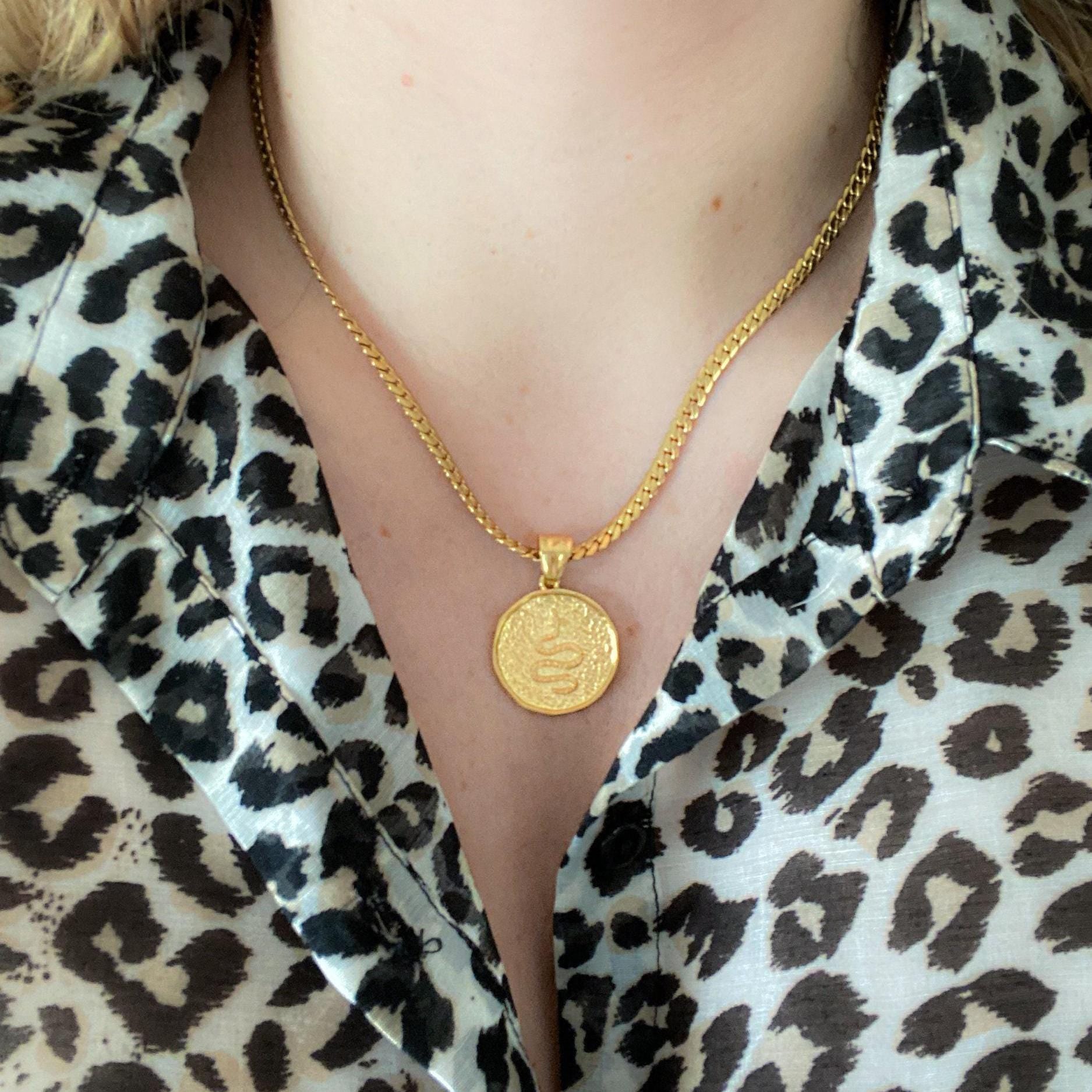 Gold Snake Coin necklace, Medallion Pendant Necklace, Rock style Pendant, Vintage style Necklace, Birthday Gift for Girlfriend, SNAKE