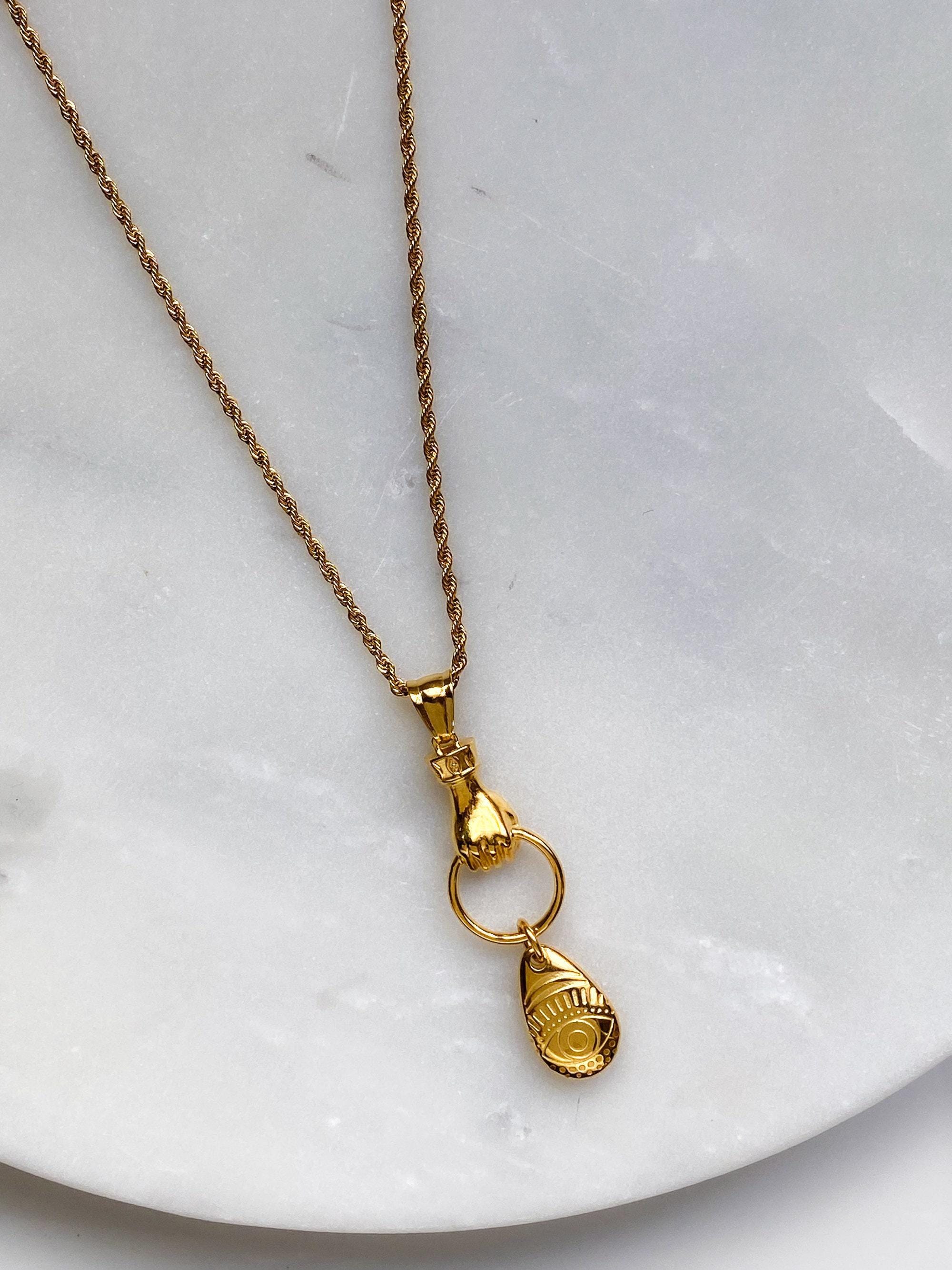 Evil Eye Gold Charm Necklace, Statement Long Chain Necklace with Holding hands, Easy wear Jewelry for work,Anniversary Gift for her, CELENE