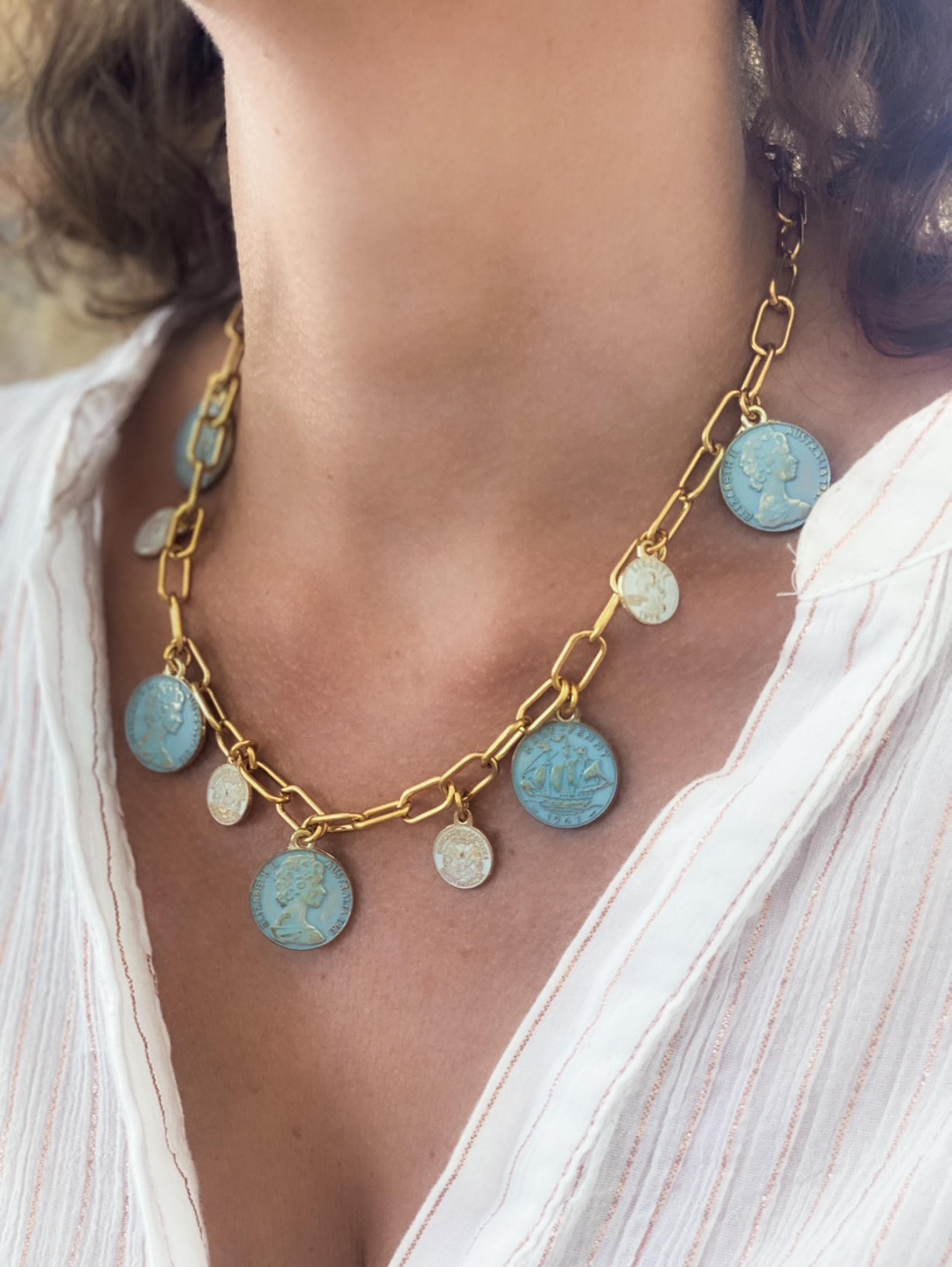 Vintage Style Charm Choker, Antique Gold Coin Necklace, Chunky Coin Pendant Medallion, Statement Paperclip Chain, Gift for her, MALKA