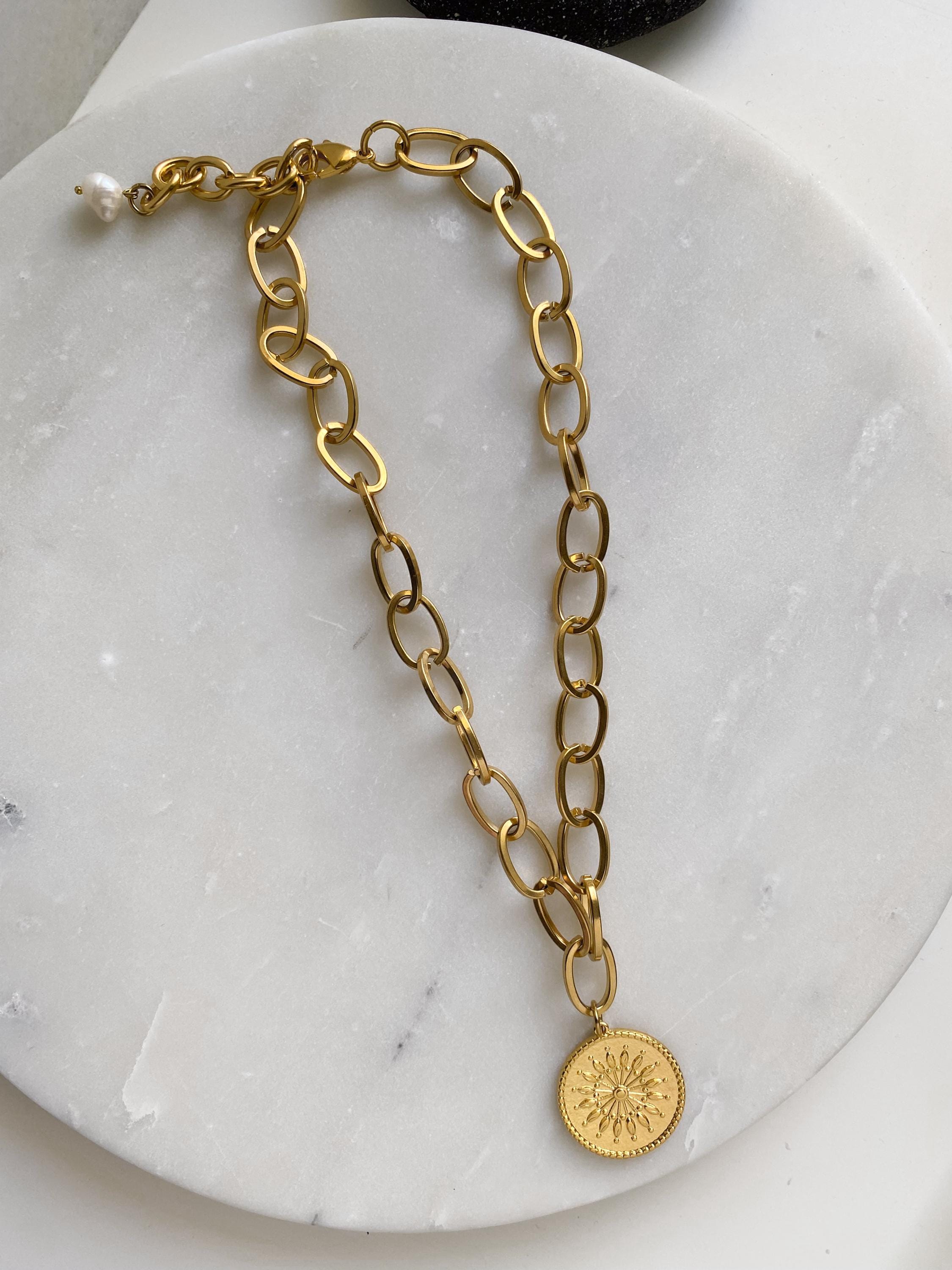 Sun Coin Pendant Necklace, Gold Chunky Chain Necklace, Rock style Necklace, Industrial Statement Necklace, Anniversary Gift for Her, SOLEIL