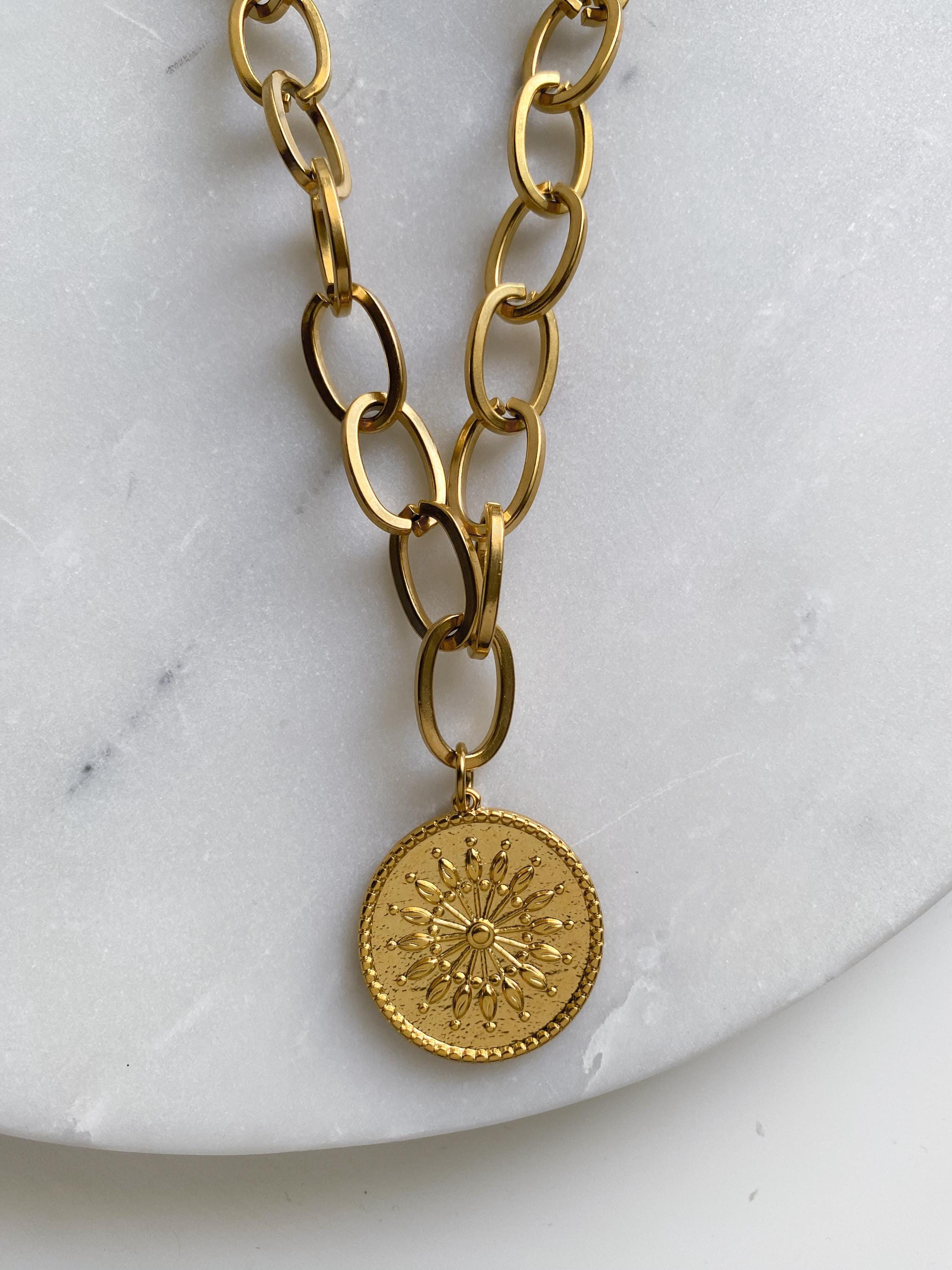 Sun Coin Pendant Necklace, Gold Chunky Chain Necklace, Rock style Necklace, Industrial Statement Necklace, Anniversary Gift for Her, SOLEIL