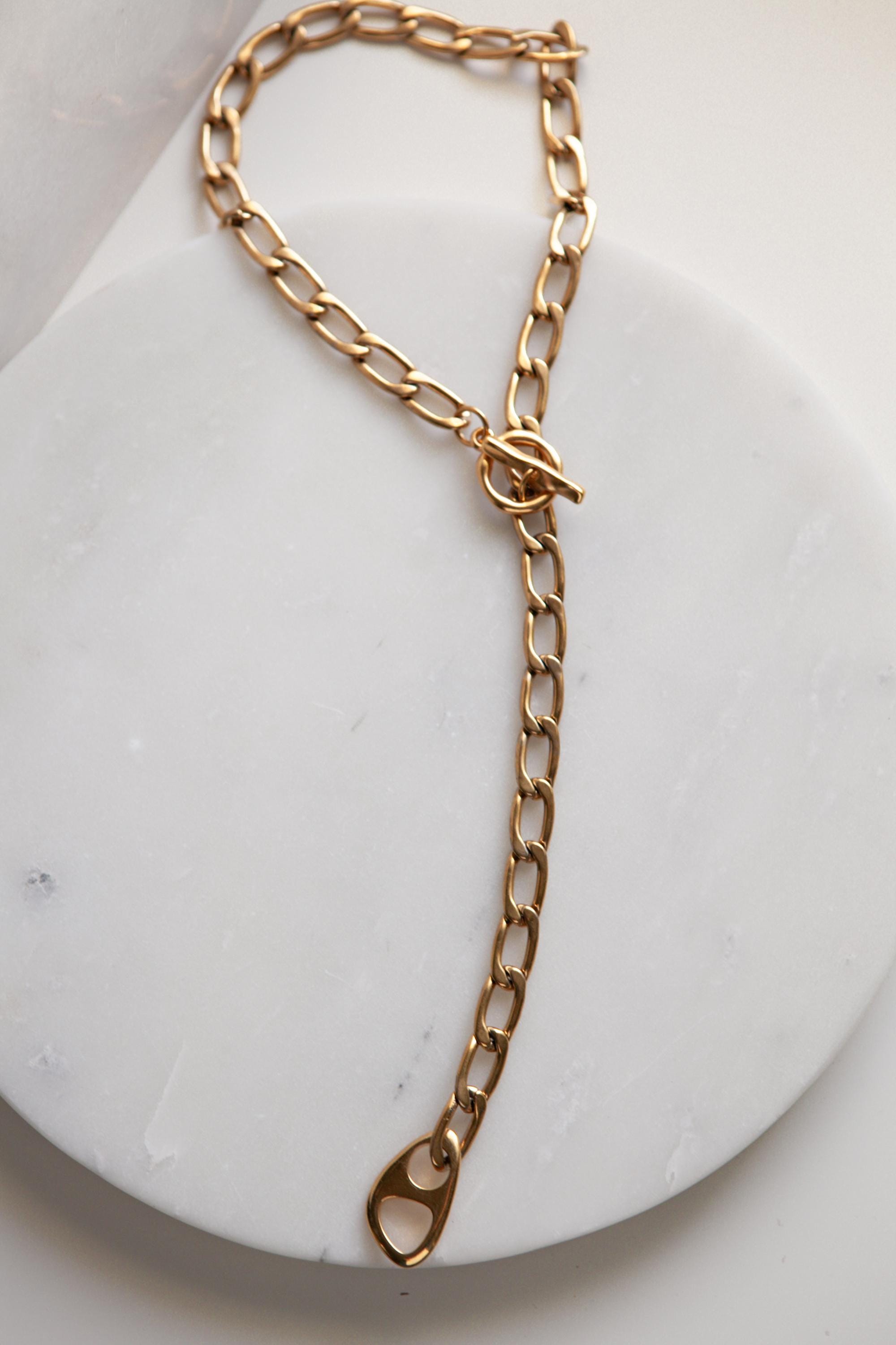 Chunky Gold Chain Lariat, Long Y Necklace with Geometric Pendant, Bold chunky chain Necklace Industrial style, Anniversary Gift for Her, ARA
