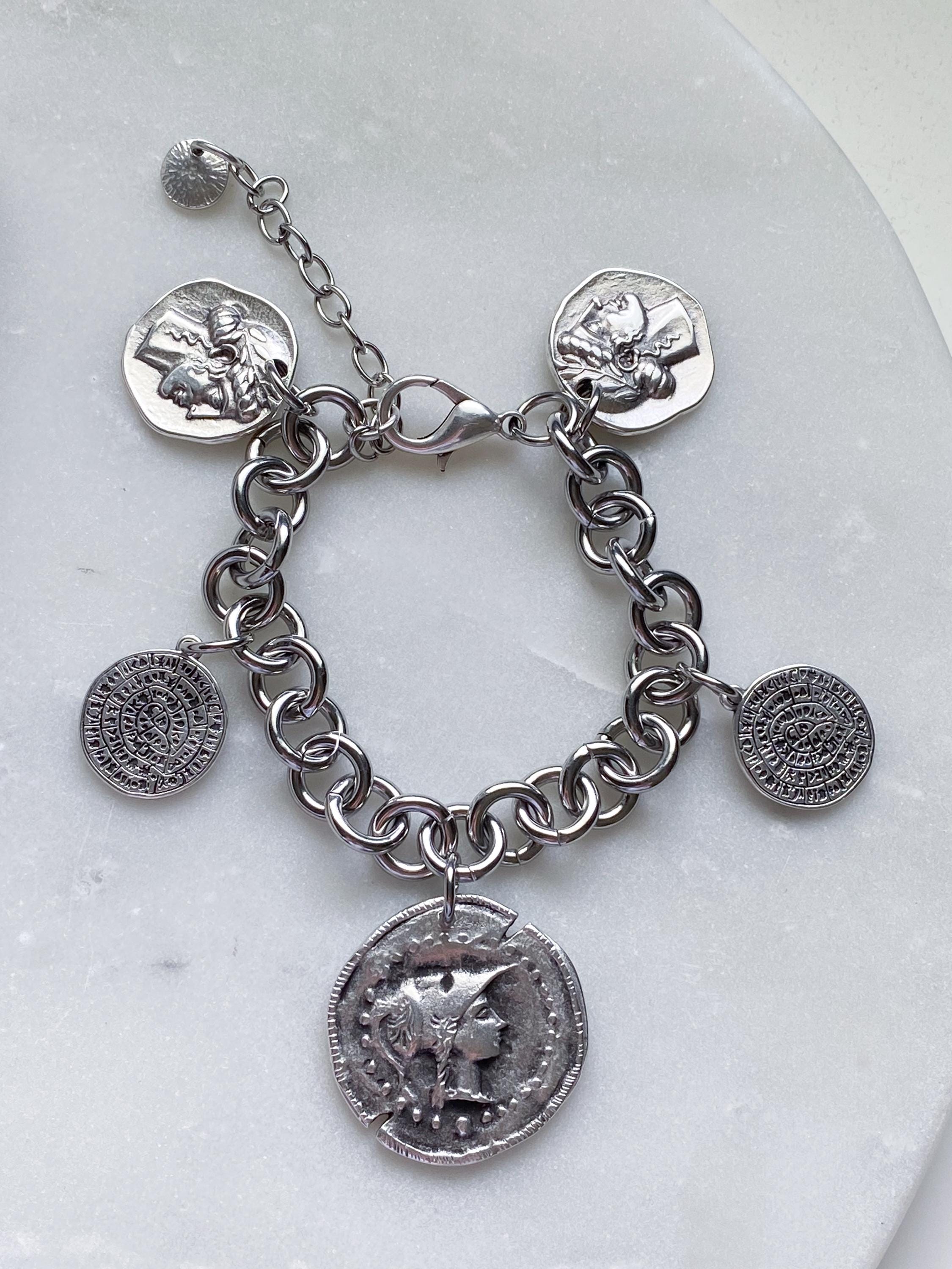 Chunky silver charm bracelet with coins, Statement Thick chain bracelet, Oversized Ancient Greek Bracelet Vintage style, Gift for Her, ESTÉE