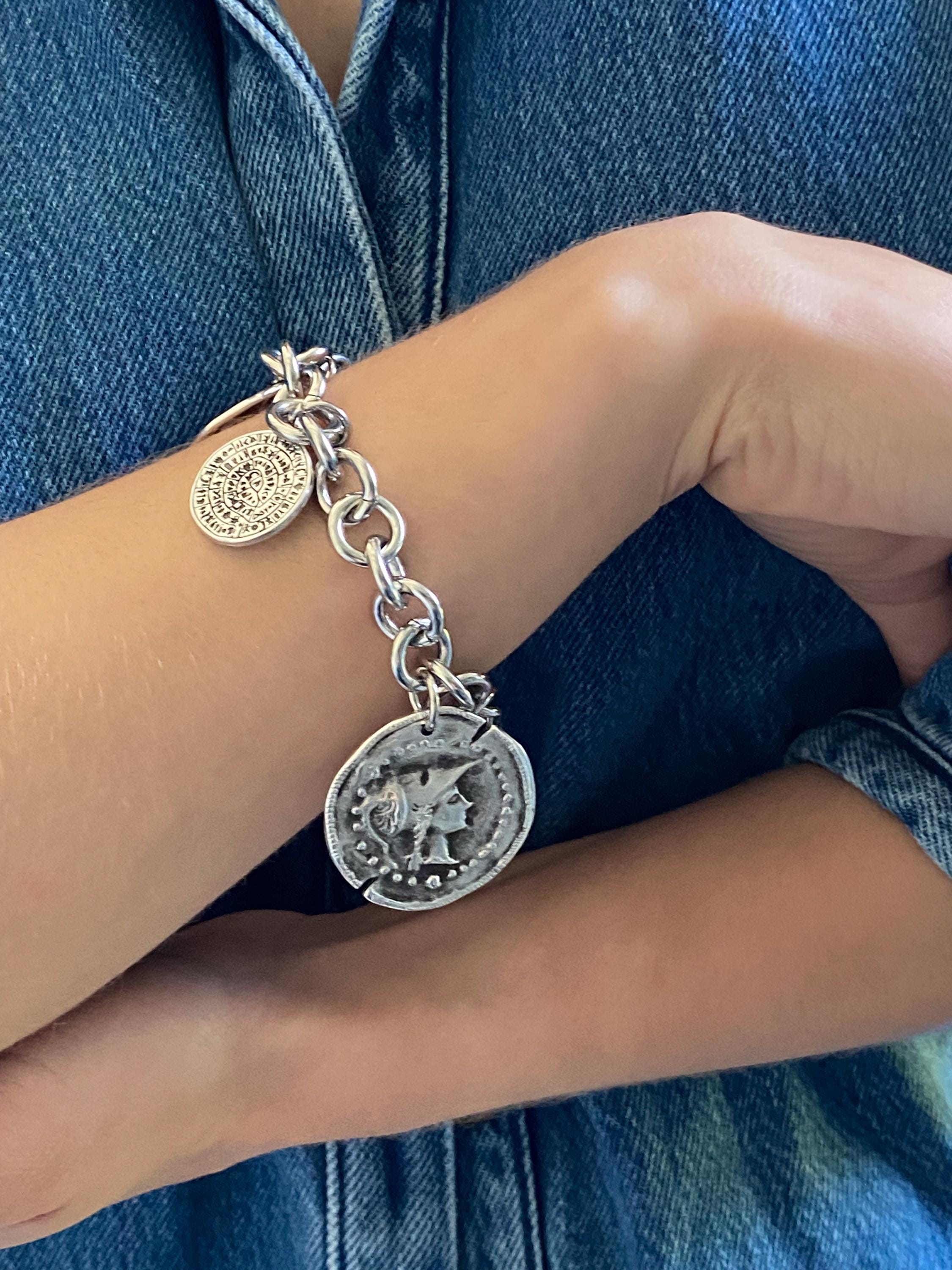 Chunky silver charm bracelet with coins, Statement Thick chain bracelet, Oversized Ancient Greek Bracelet Vintage style, Gift for Her, ESTÉE