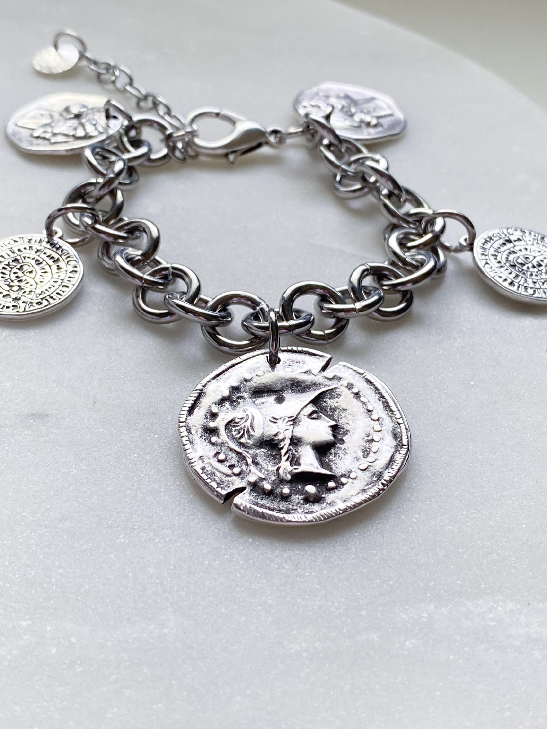 Chunky silver charm bracelet with coins, Statement Thick chain bracelet, Oversized Ancient Greek Bracelet Vintage style, Gift for Her, ESTÉE