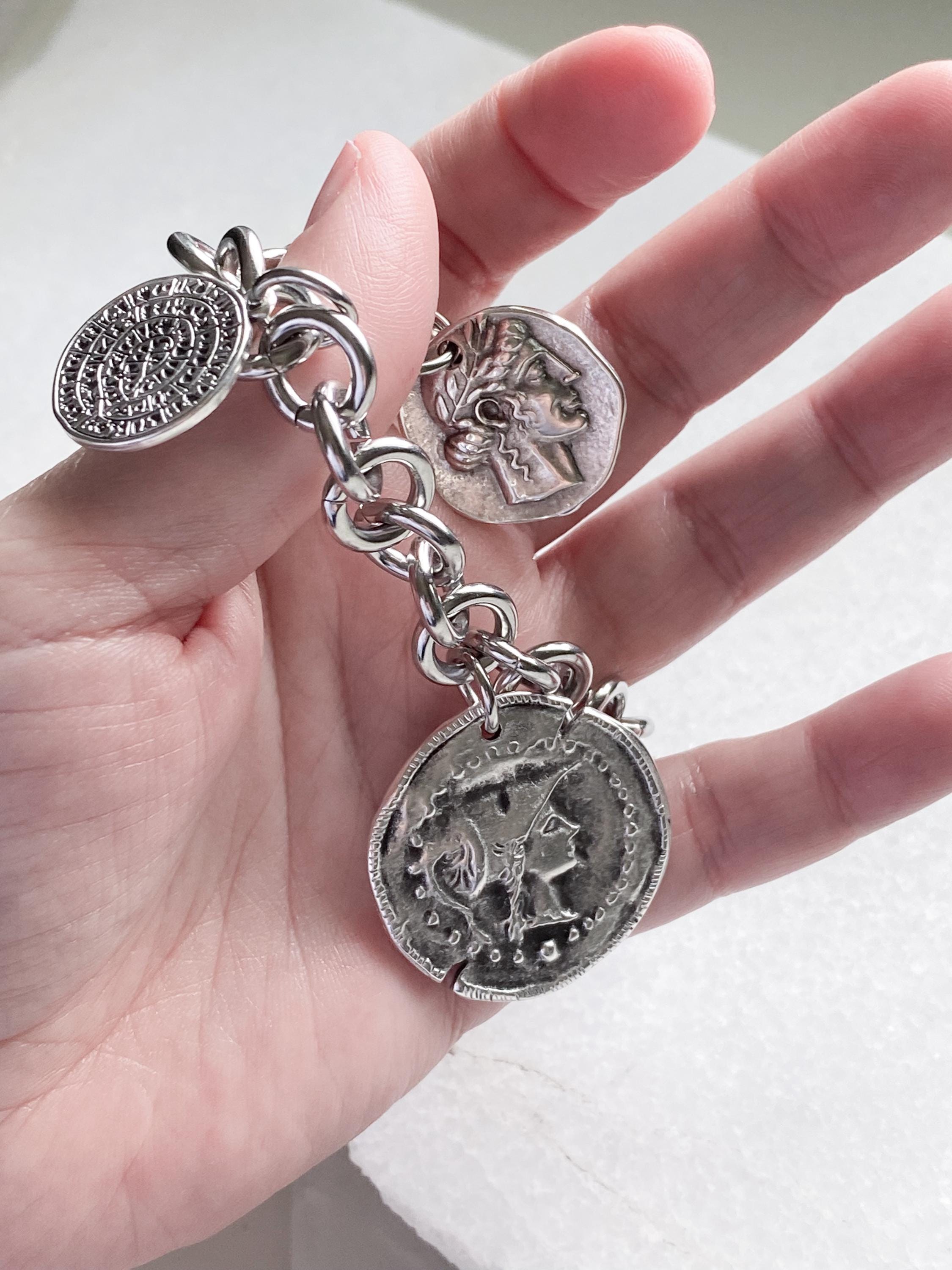 Chunky silver charm bracelet with coins, Statement Thick chain bracelet, Oversized Ancient Greek Bracelet Vintage style, Gift for Her, ESTÉE