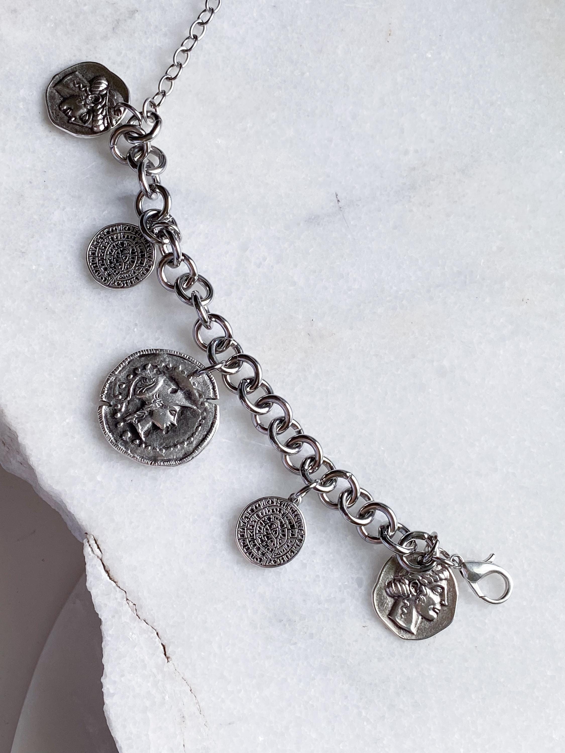 Chunky silver charm bracelet with coins, Statement Thick chain bracelet, Oversized Ancient Greek Bracelet Vintage style, Gift for Her, ESTÉE