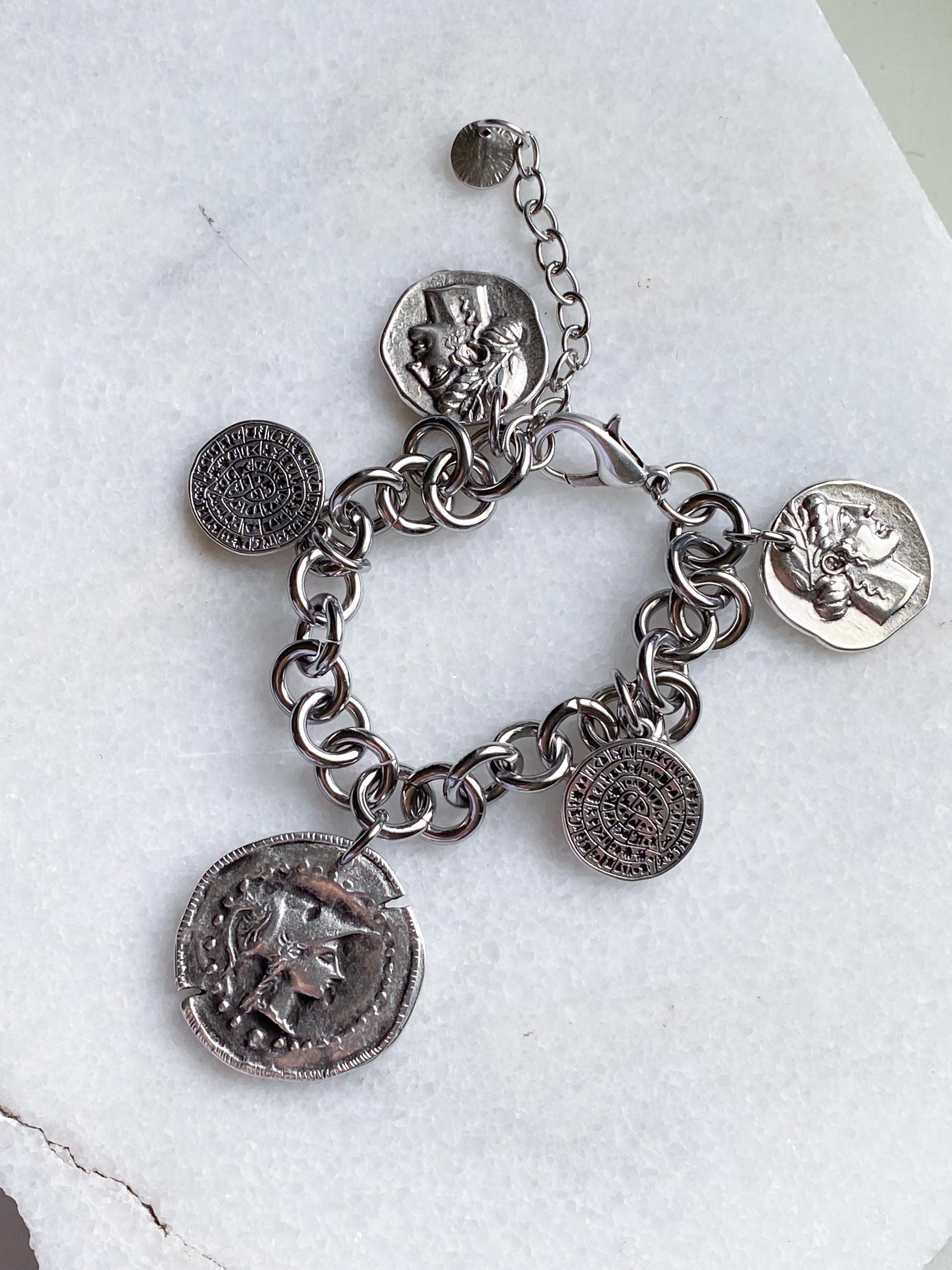 Chunky silver charm bracelet with coins, Statement Thick chain bracelet, Oversized Ancient Greek Bracelet Vintage style, Gift for Her, ESTÉE