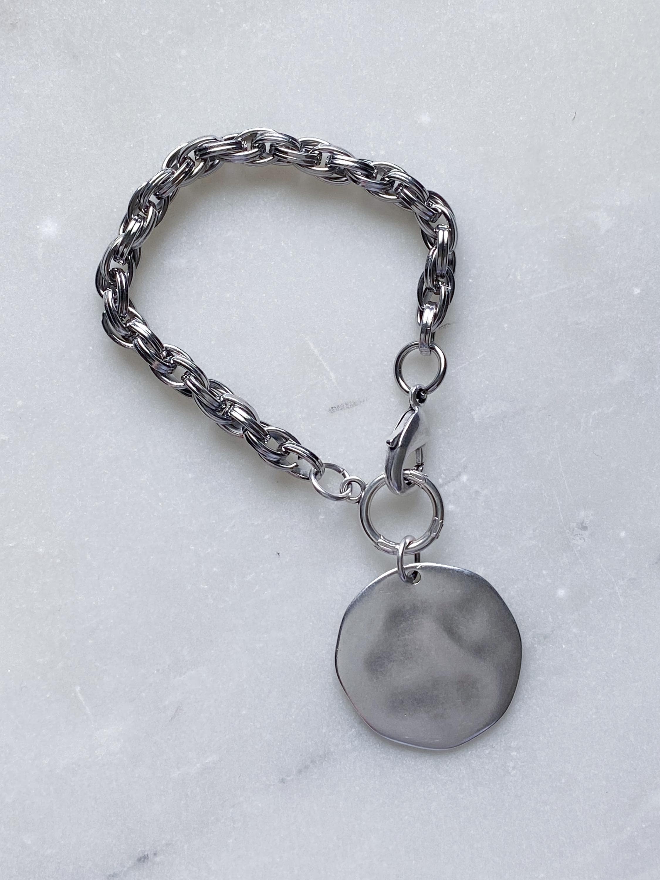 Chunky Silver charm bracelet with big round coin, Statement Thick chain bracelet, Oversized Bracelet Vintage style, Gift for Her, FARIBA