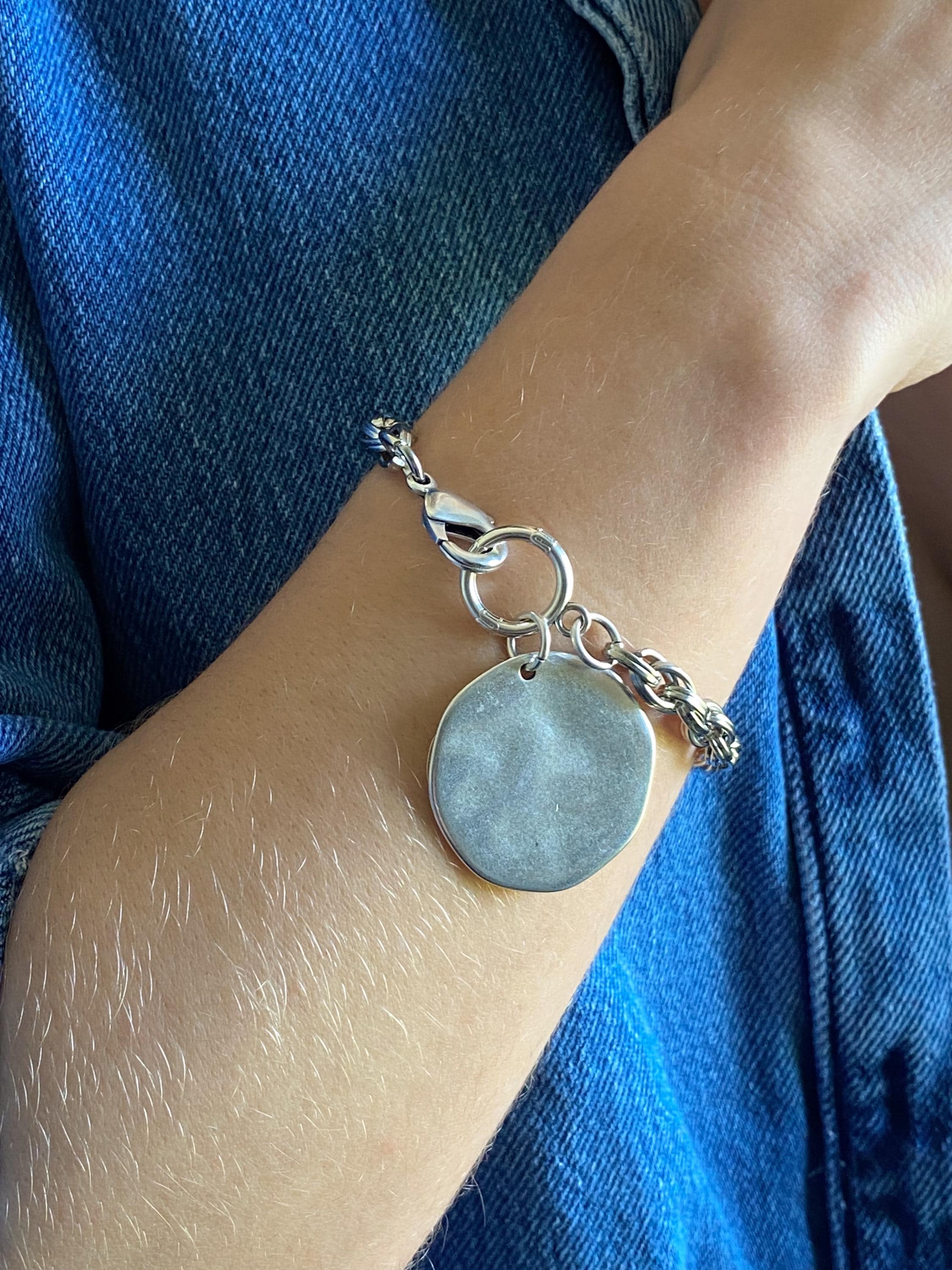 Chunky Silver charm bracelet with big round coin, Statement Thick chain bracelet, Oversized Bracelet Vintage style, Gift for Her, FARIBA