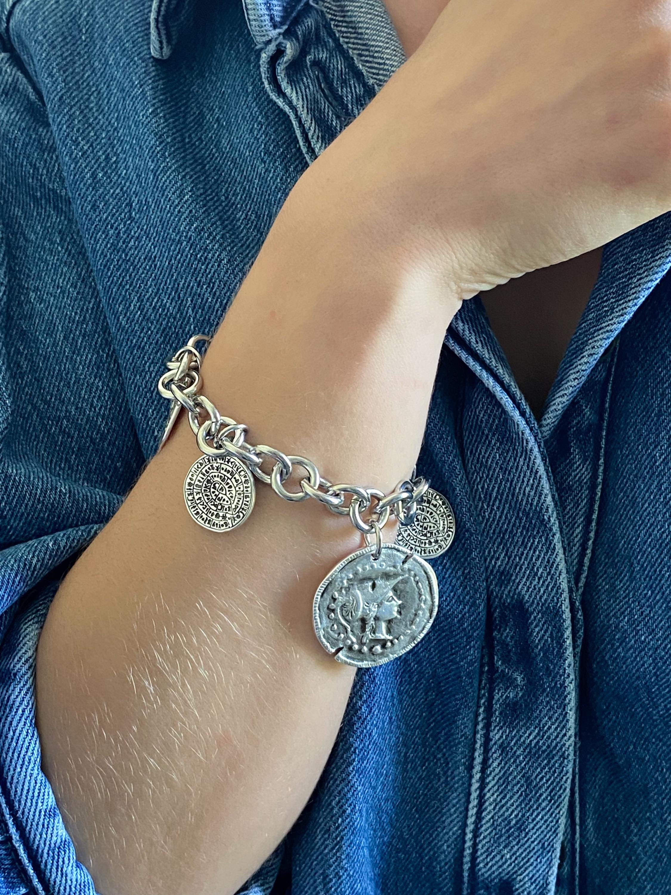 Chunky silver charm bracelet with coins, Statement Thick chain bracelet, Oversized Ancient Greek Bracelet Vintage style, Gift for Her, ESTÉE