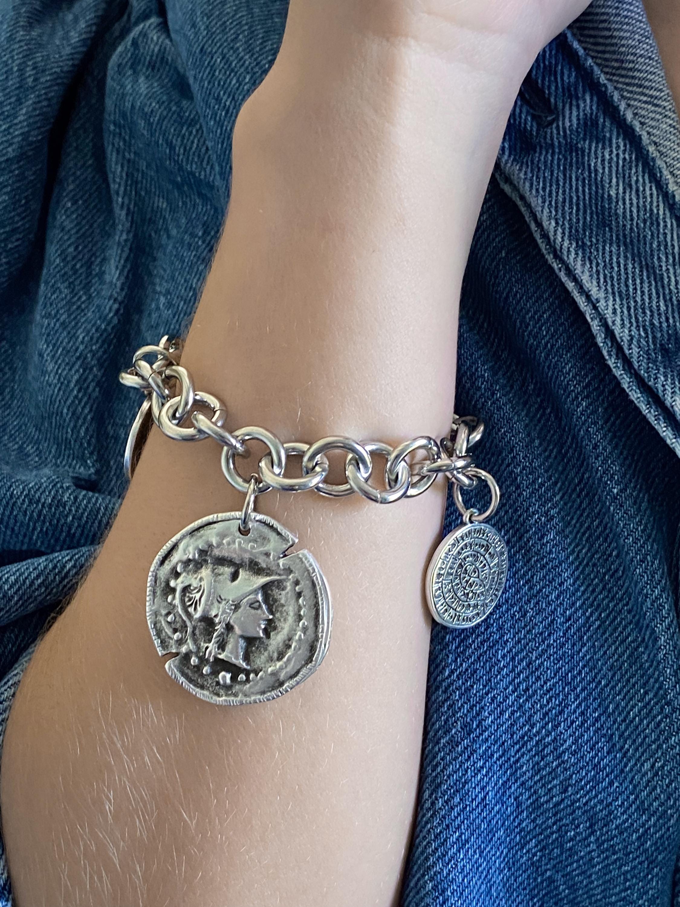 Chunky silver charm bracelet with coins, Statement Thick chain bracelet, Oversized Ancient Greek Bracelet Vintage style, Gift for Her, ESTÉE