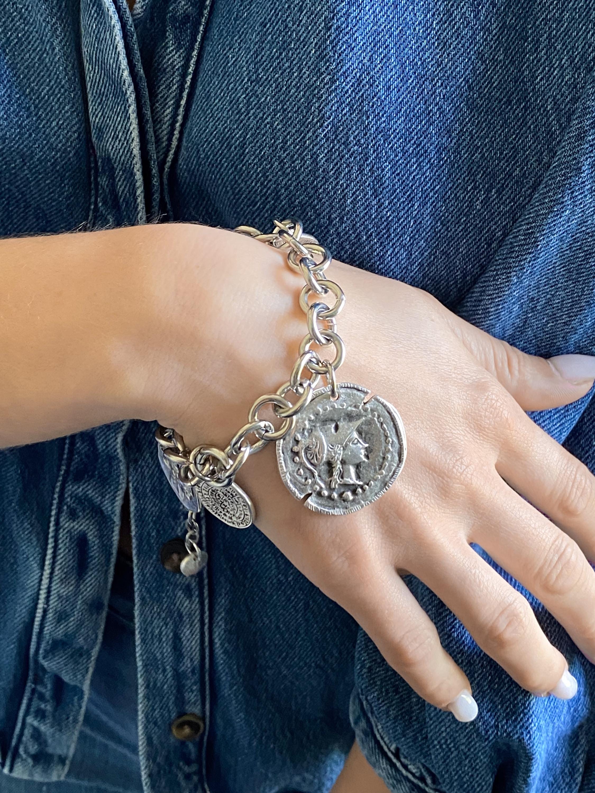 Chunky silver charm bracelet with coins, Statement Thick chain bracelet, Oversized Ancient Greek Bracelet Vintage style, Gift for Her, ESTÉE