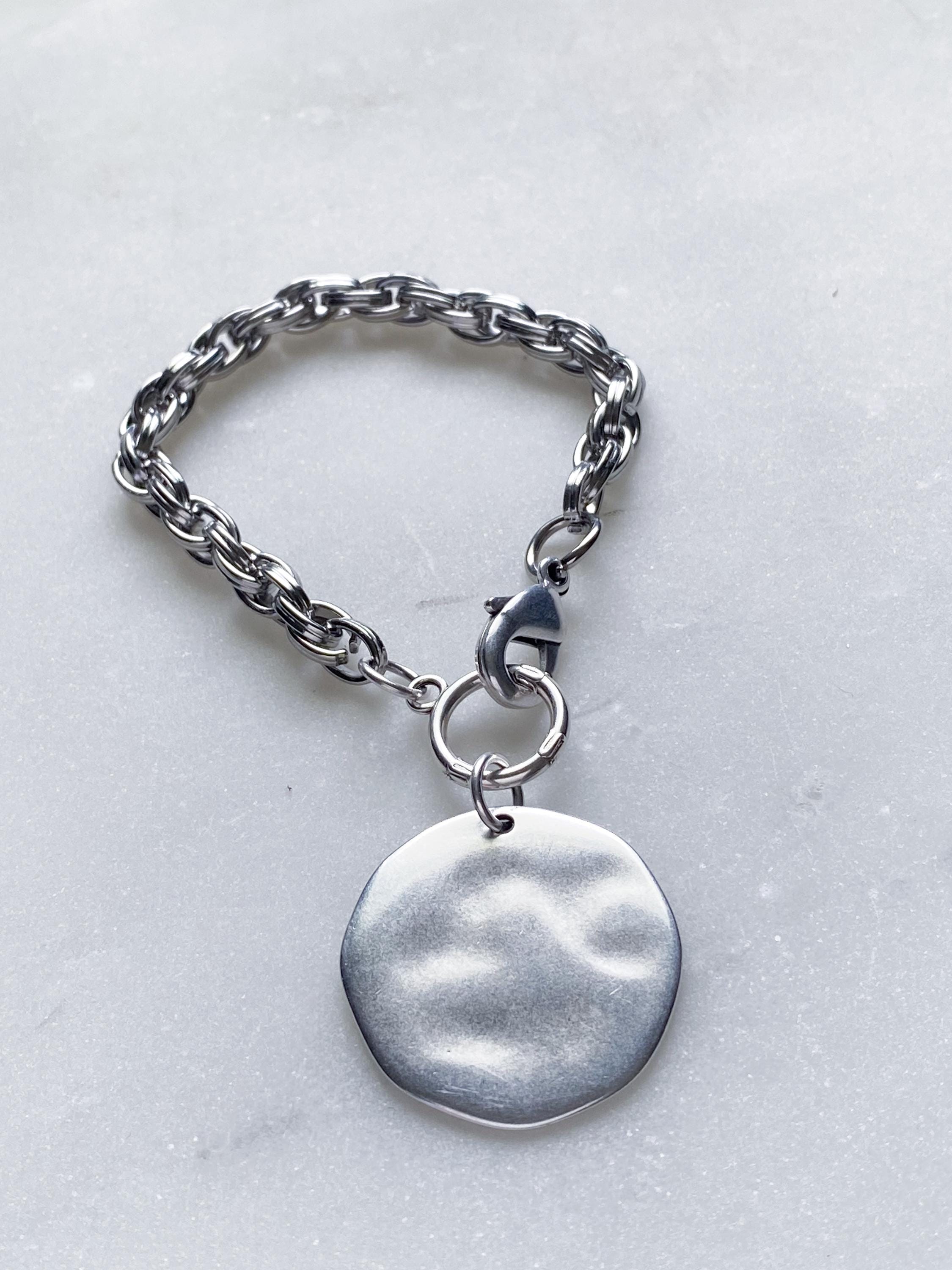 Chunky Silver charm bracelet with big round coin, Statement Thick chain bracelet, Oversized Bracelet Vintage style, Gift for Her, FARIBA