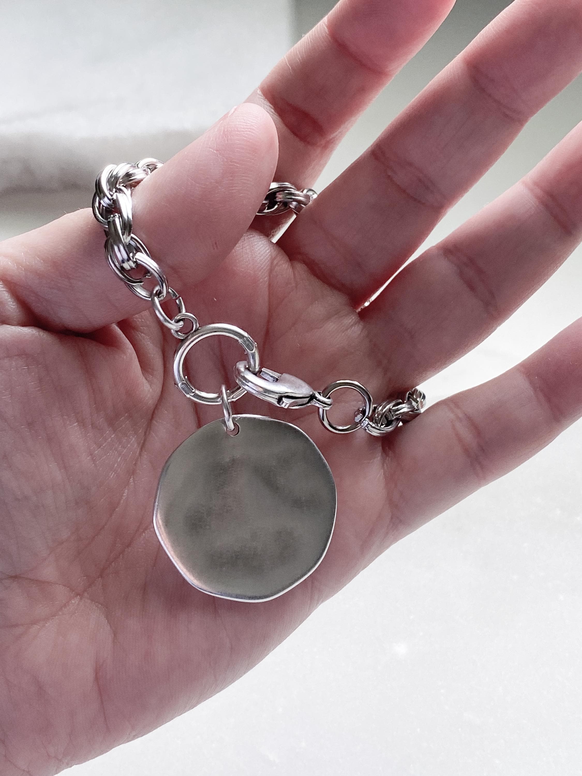 Chunky Silver charm bracelet with big round coin, Statement Thick chain bracelet, Oversized Bracelet Vintage style, Gift for Her, FARIBA