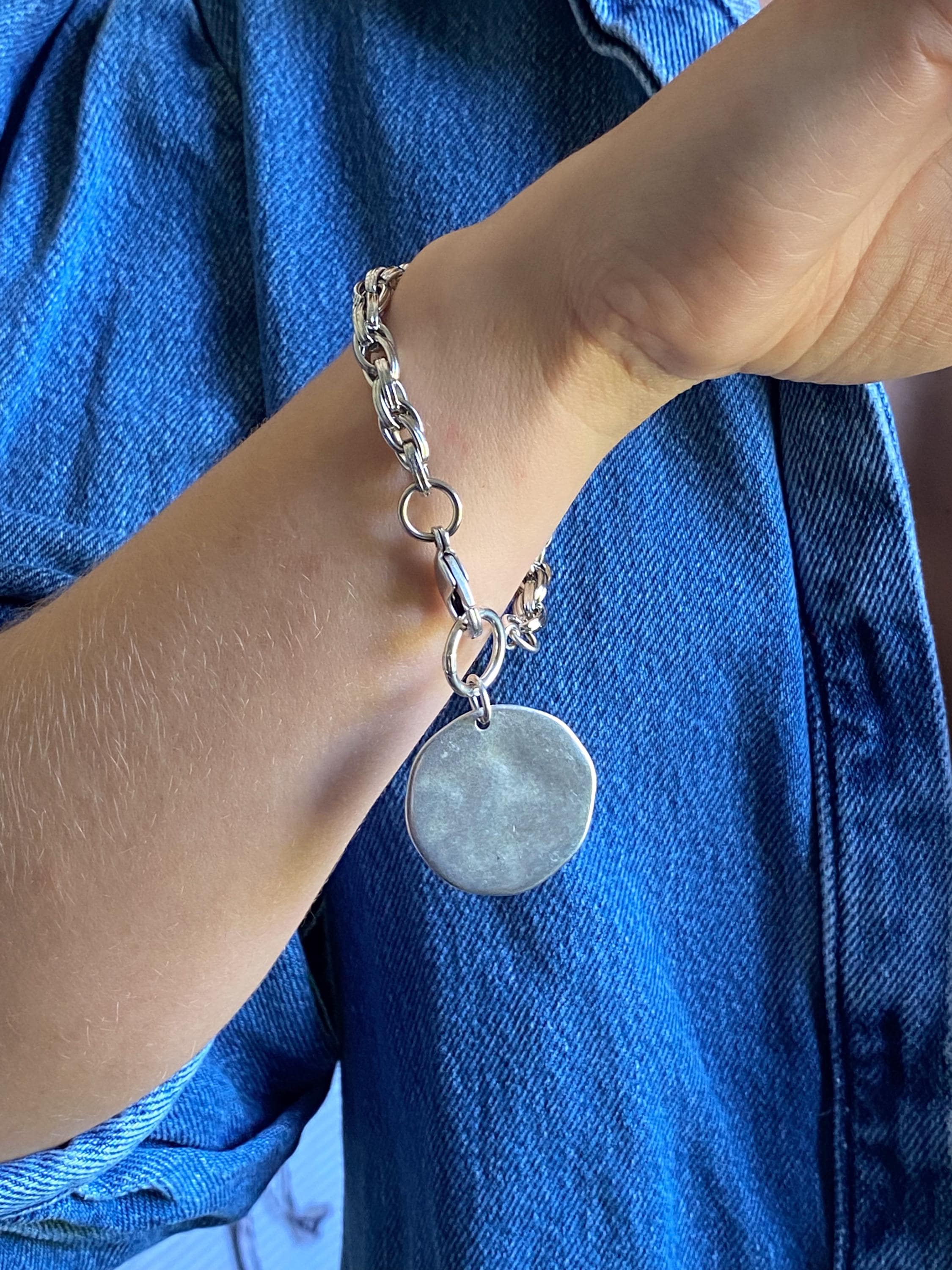 Chunky Silver charm bracelet with big round coin, Statement Thick chain bracelet, Oversized Bracelet Vintage style, Gift for Her, FARIBA