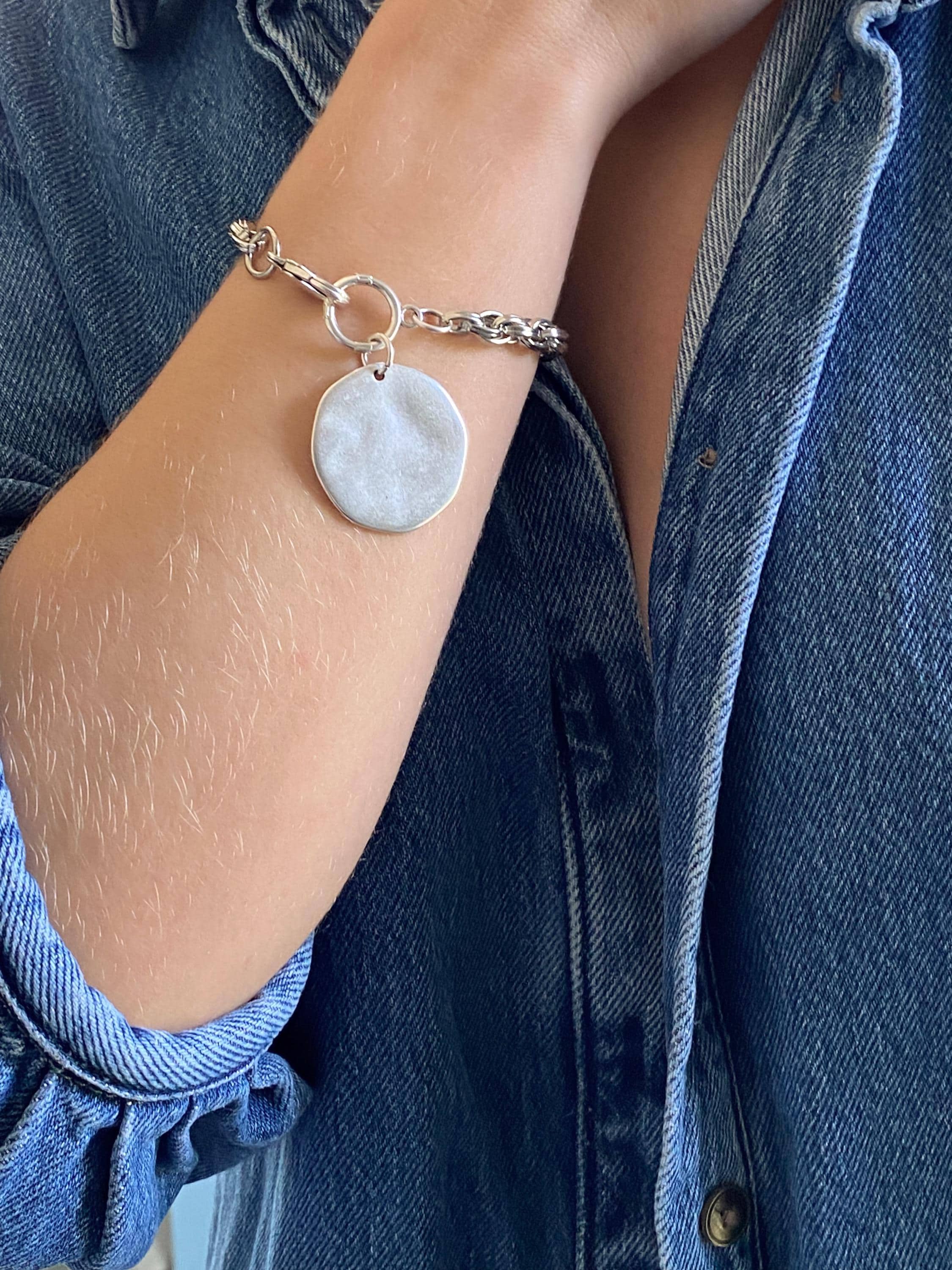 Chunky Silver charm bracelet with big round coin, Statement Thick chain bracelet, Oversized Bracelet Vintage style, Gift for Her, FARIBA