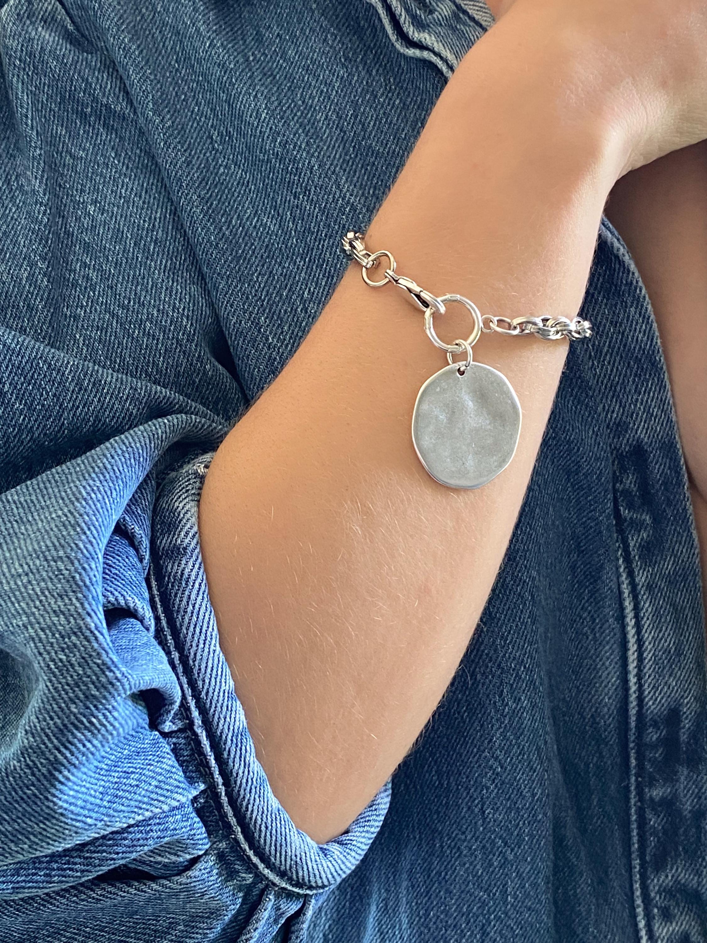 Chunky Silver charm bracelet with big round coin, Statement Thick chain bracelet, Oversized Bracelet Vintage style, Gift for Her, FARIBA