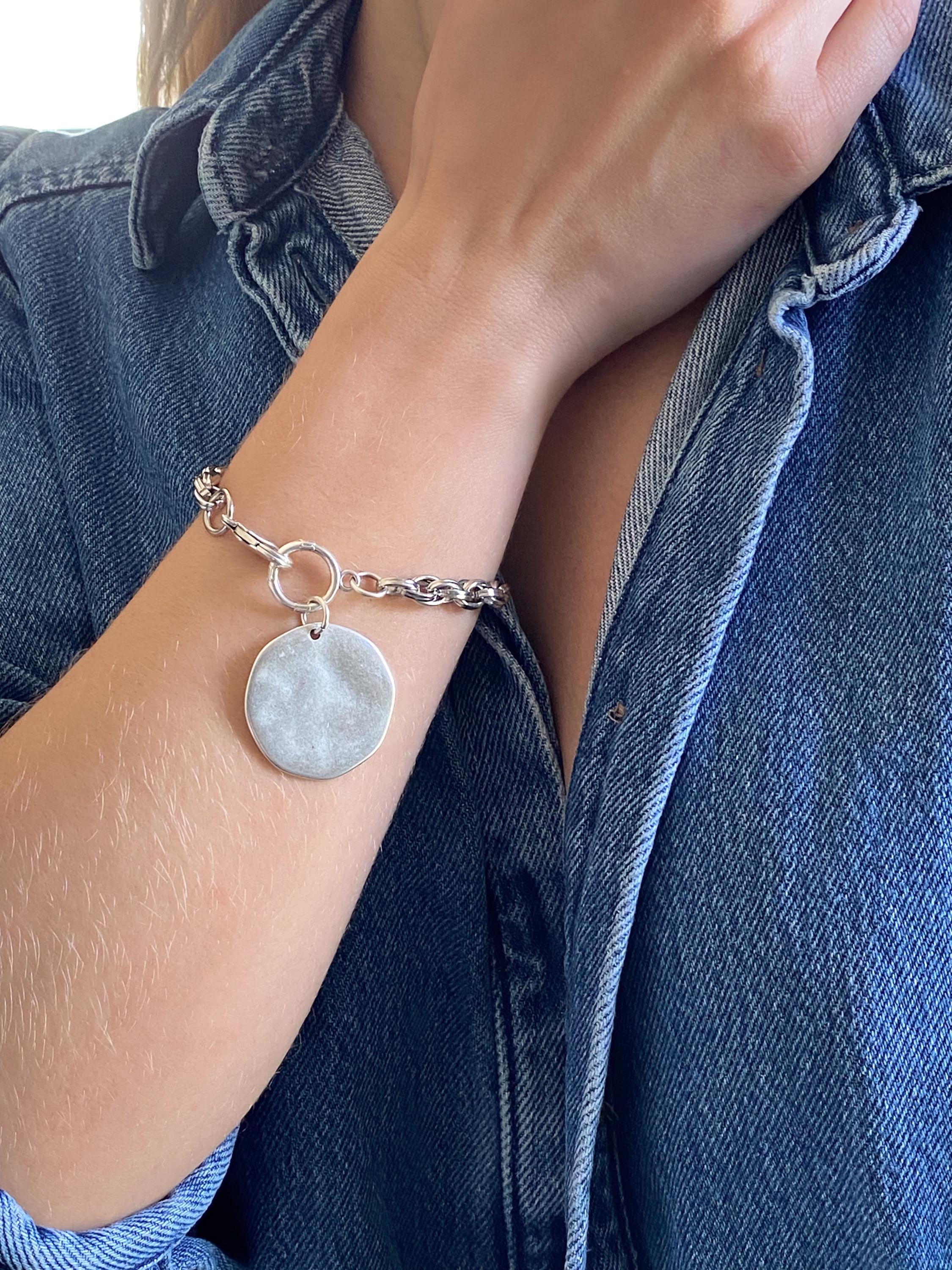Chunky Silver charm bracelet with big round coin, Statement Thick chain bracelet, Oversized Bracelet Vintage style, Gift for Her, FARIBA