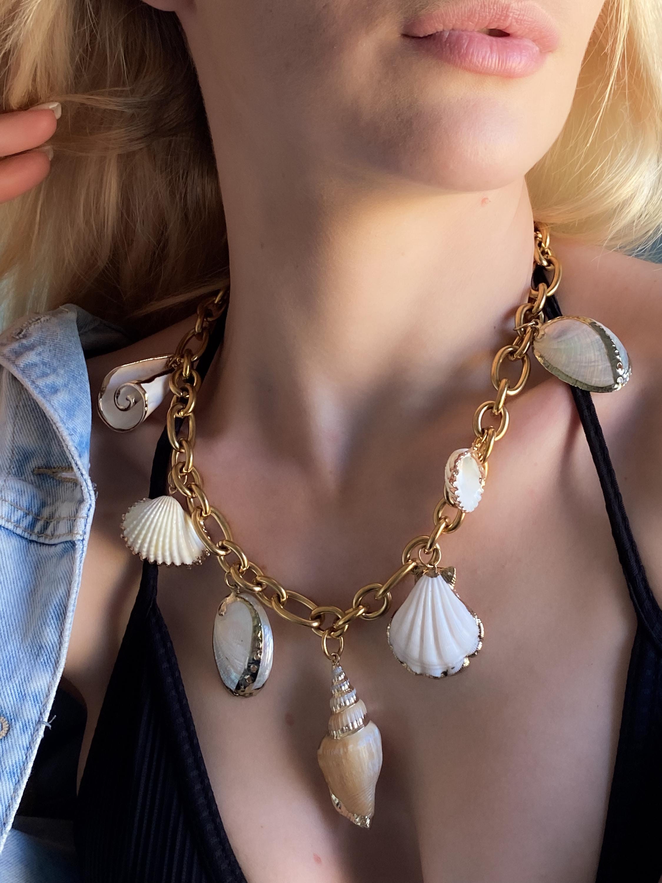 Chunky Natural sea shell Necklace, Extravagant statement charm necklace, Siren core aesthetic Summer mermaid necklace, Gift for her,ATLANTIC
