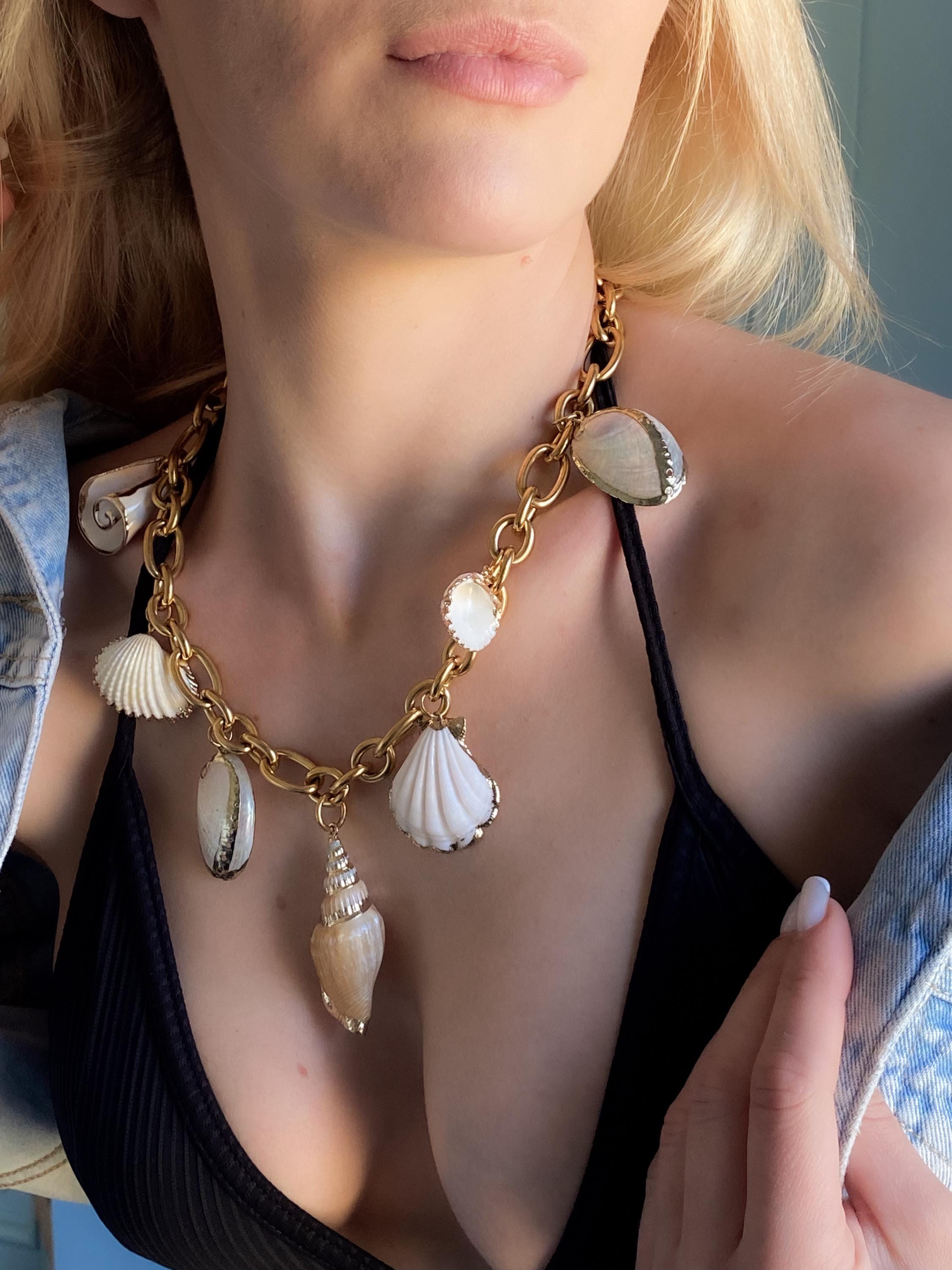 Chunky Natural sea shell Necklace, Extravagant statement charm necklace, Siren core aesthetic Summer mermaid necklace, Gift for her,ATLANTIC