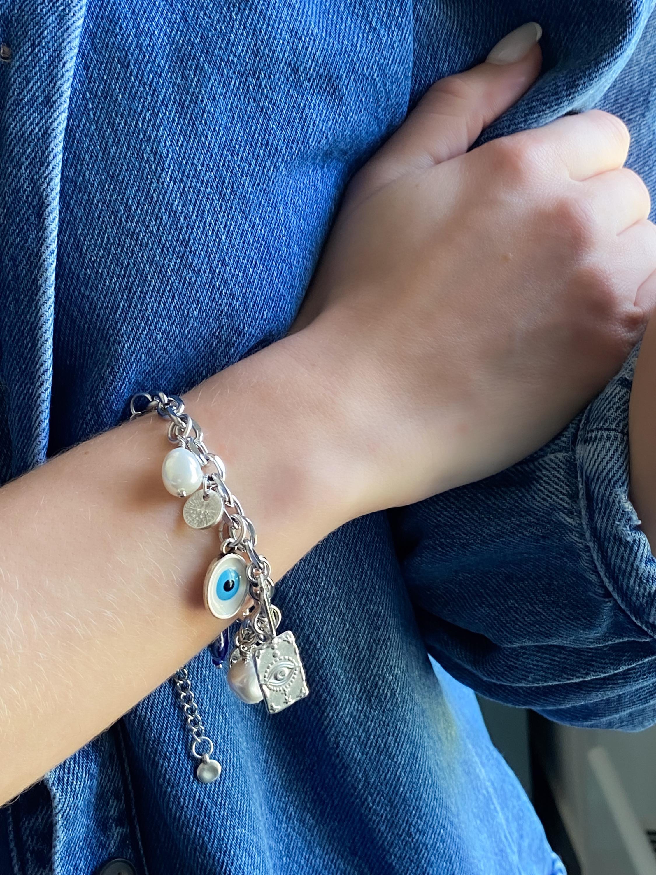 Silver charm bracelet, Evil eye Charm bracelet, Good luck bracelet, Women's chain bangle, Vintage Jewelry, Birthday Gift for her, SYBIL