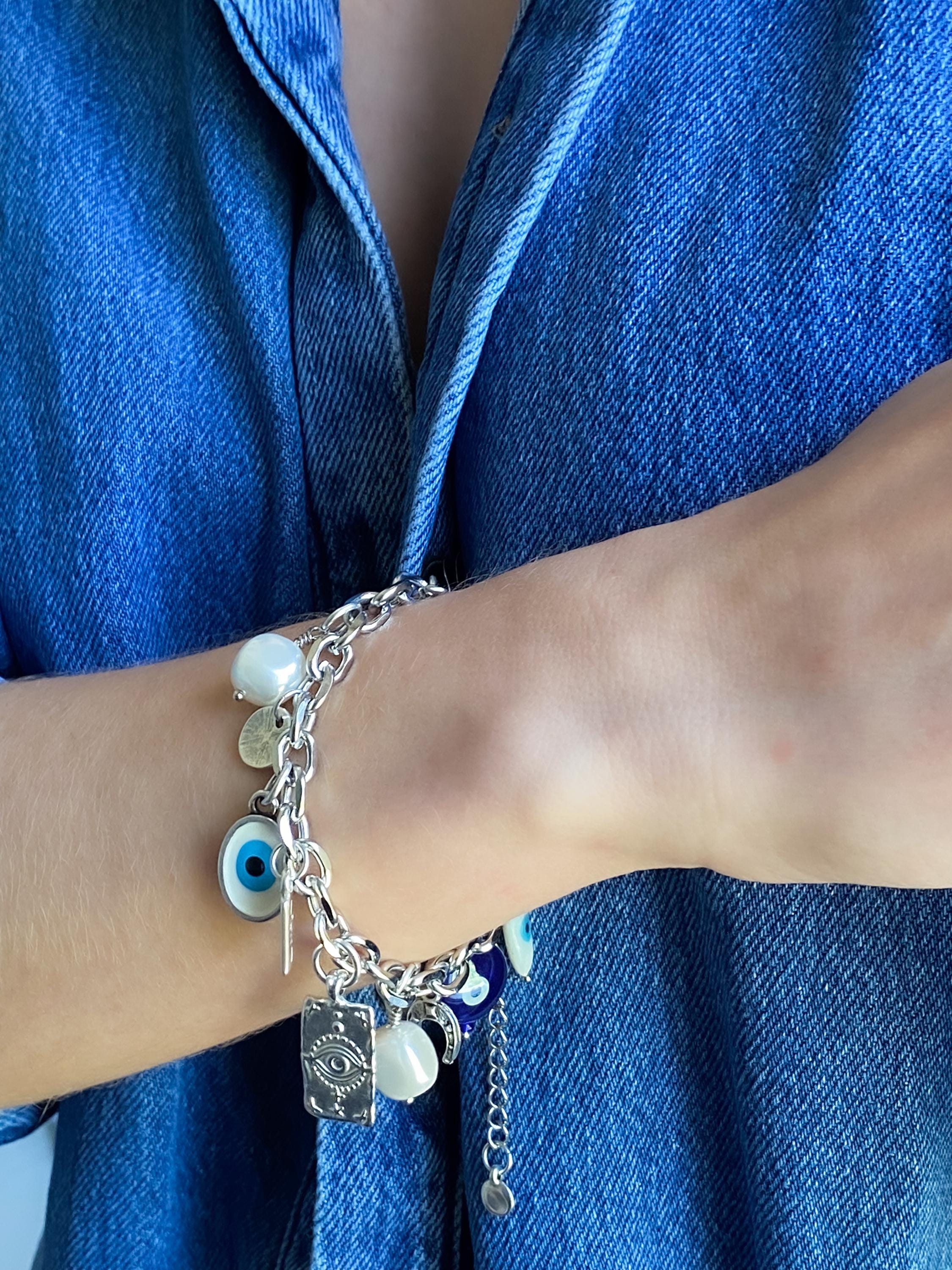 Silver charm bracelet, Evil eye Charm bracelet, Good luck bracelet, Women's chain bangle, Vintage Jewelry, Birthday Gift for her, SYBIL
