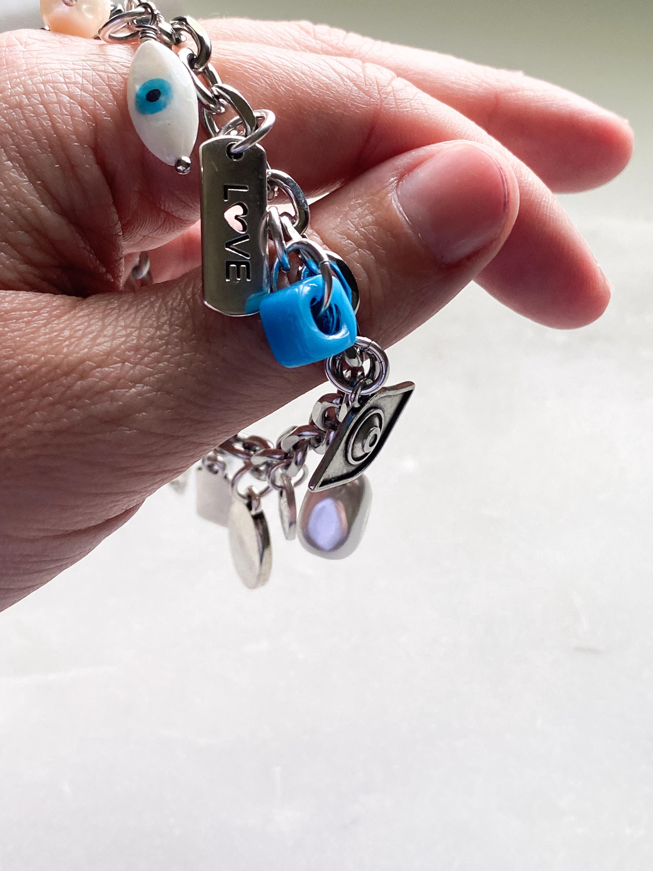 Silver charm bracelet, Evil eye Charm bracelet, Good luck bracelet, Women's chain bangle, Vintage Jewelry, Birthday Gift for her, SYBIL