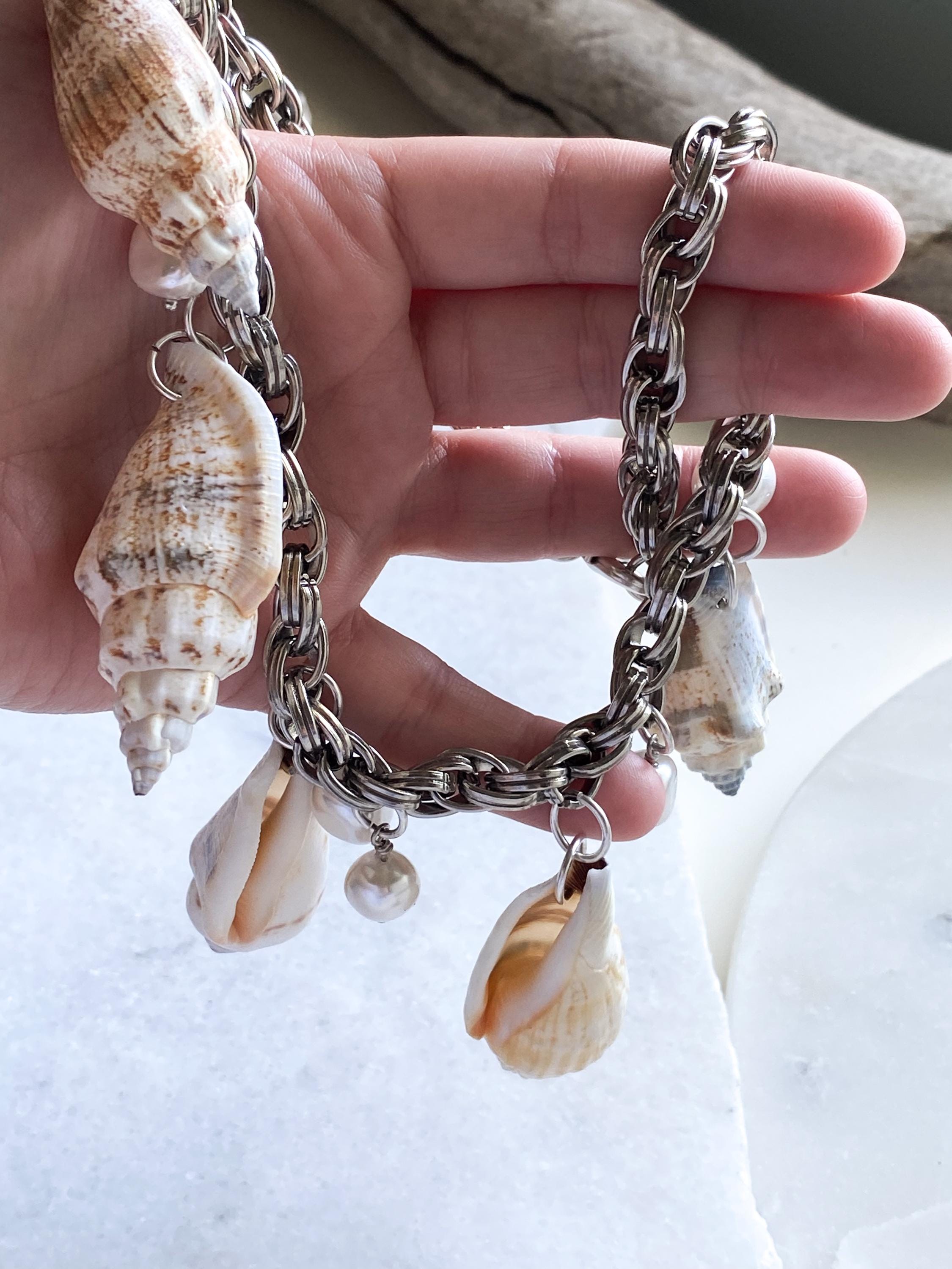 Natural shell Chunky Necklace, Silver Chain necklace with sea shell charms, Extravagant mermaid necklace, Summer Jewelry, Her Gift, THALASSA