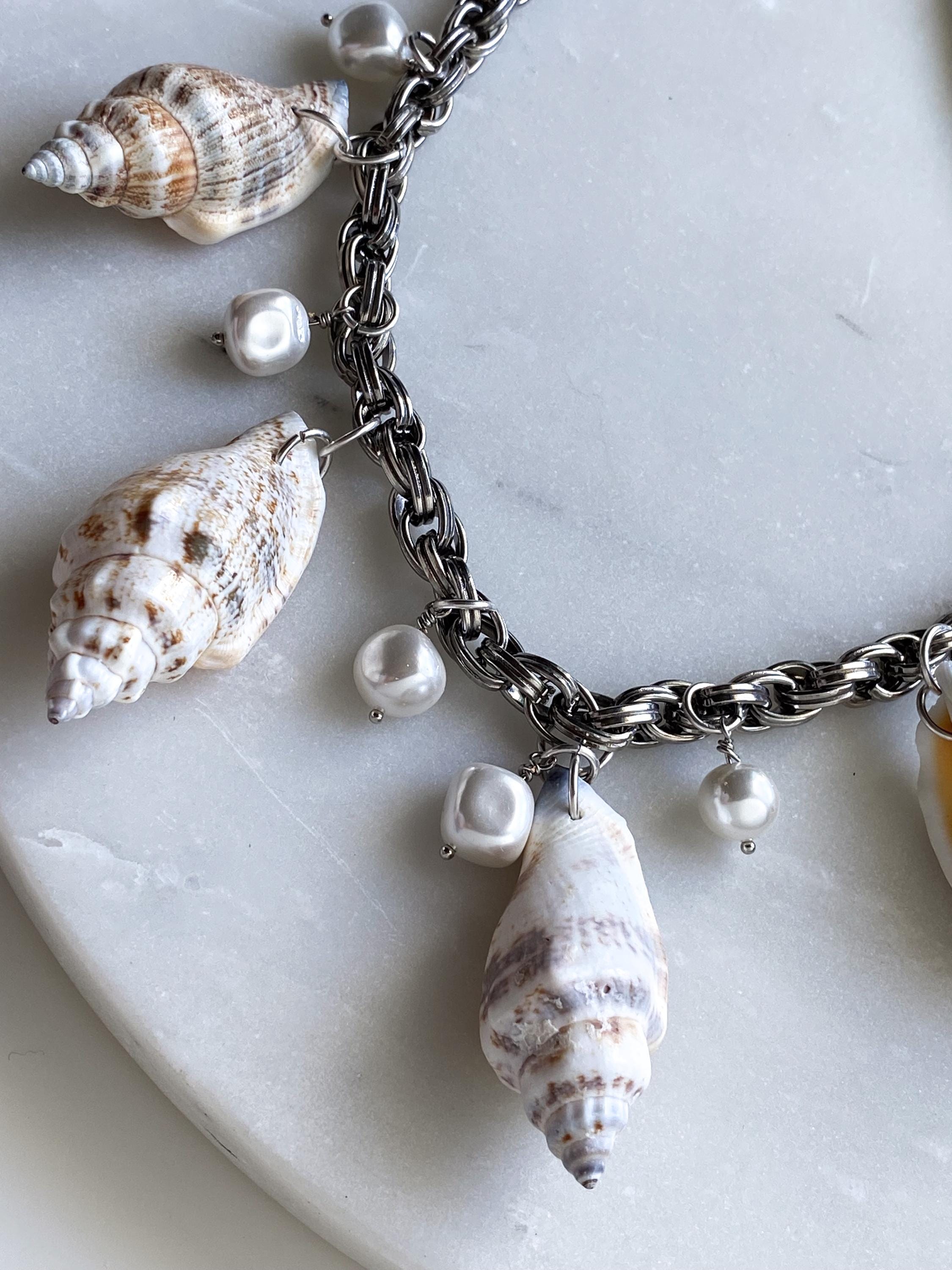 Natural shell Chunky Necklace, Silver Chain necklace with sea shell charms, Extravagant mermaid necklace, Summer Jewelry, Her Gift, THALASSA
