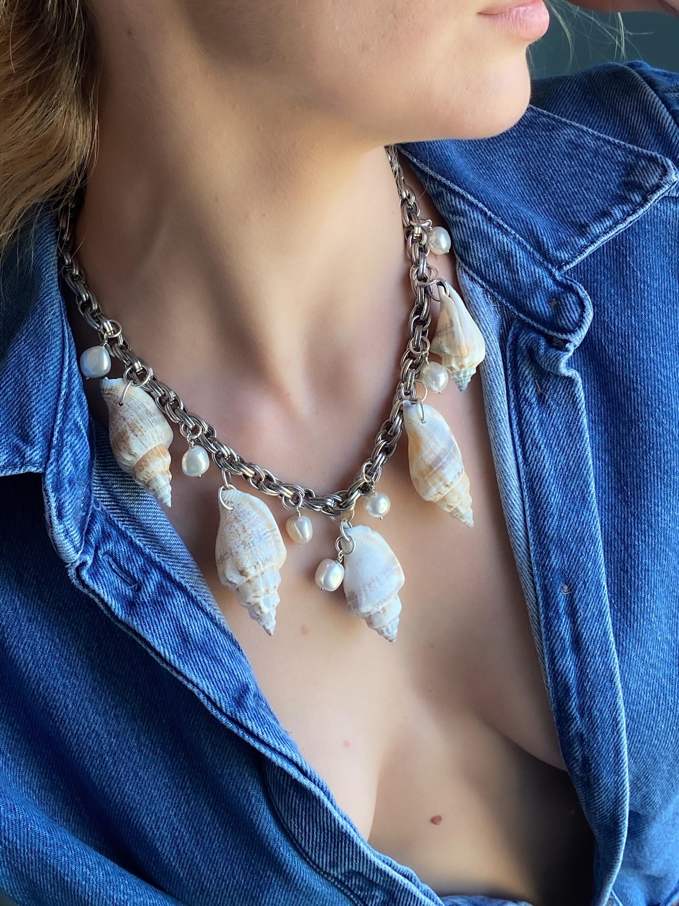 Natural shell Chunky Necklace, Silver Chain necklace with sea shell charms, Extravagant mermaid necklace, Summer Jewelry, Her Gift, THALASSA