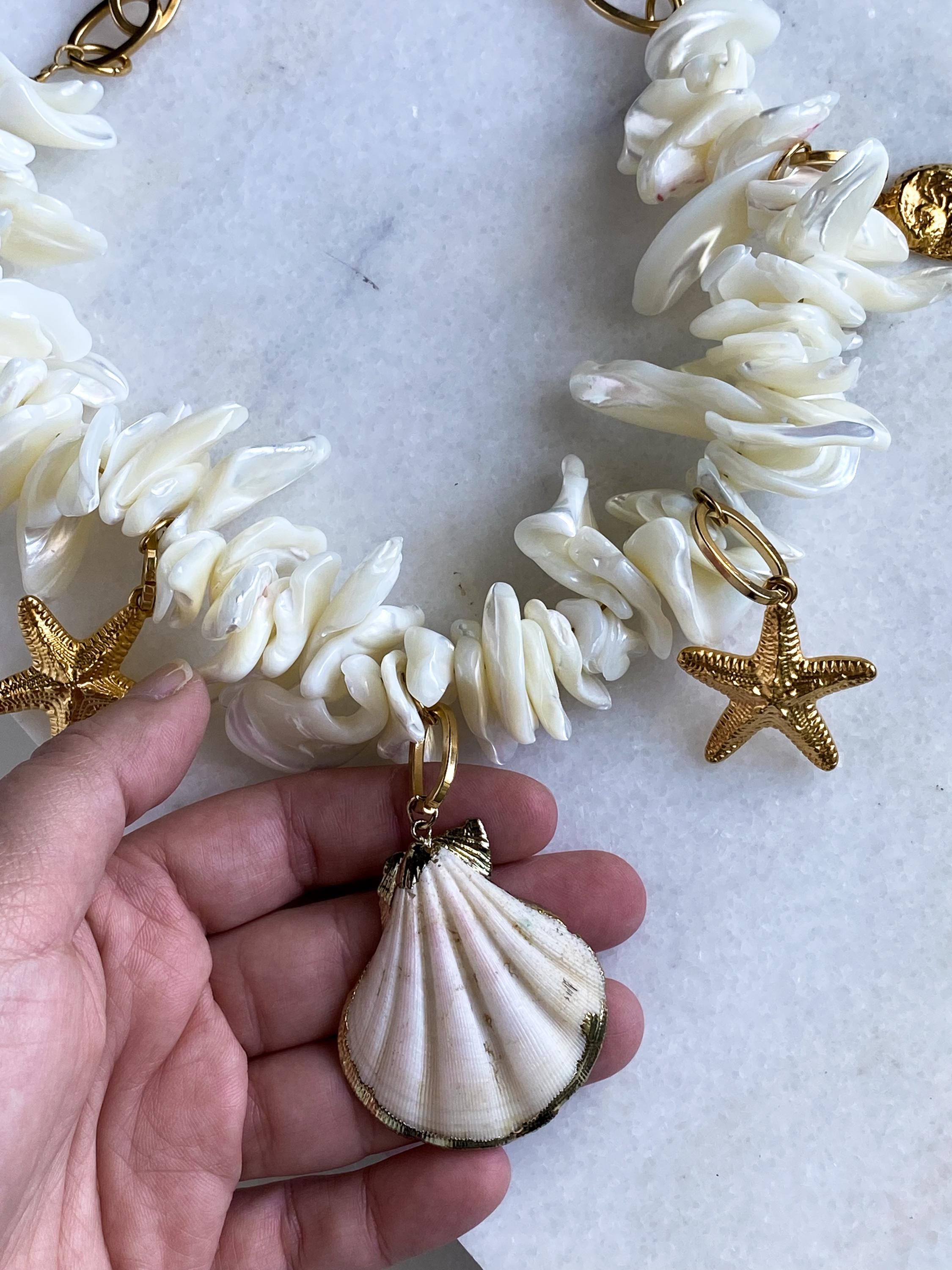 Extravagant Natural sea shell Necklace, Chunky charm necklace, Siren aesthetic Jewelry, Mermaid Festival necklace, Gift for her, CORDELIA