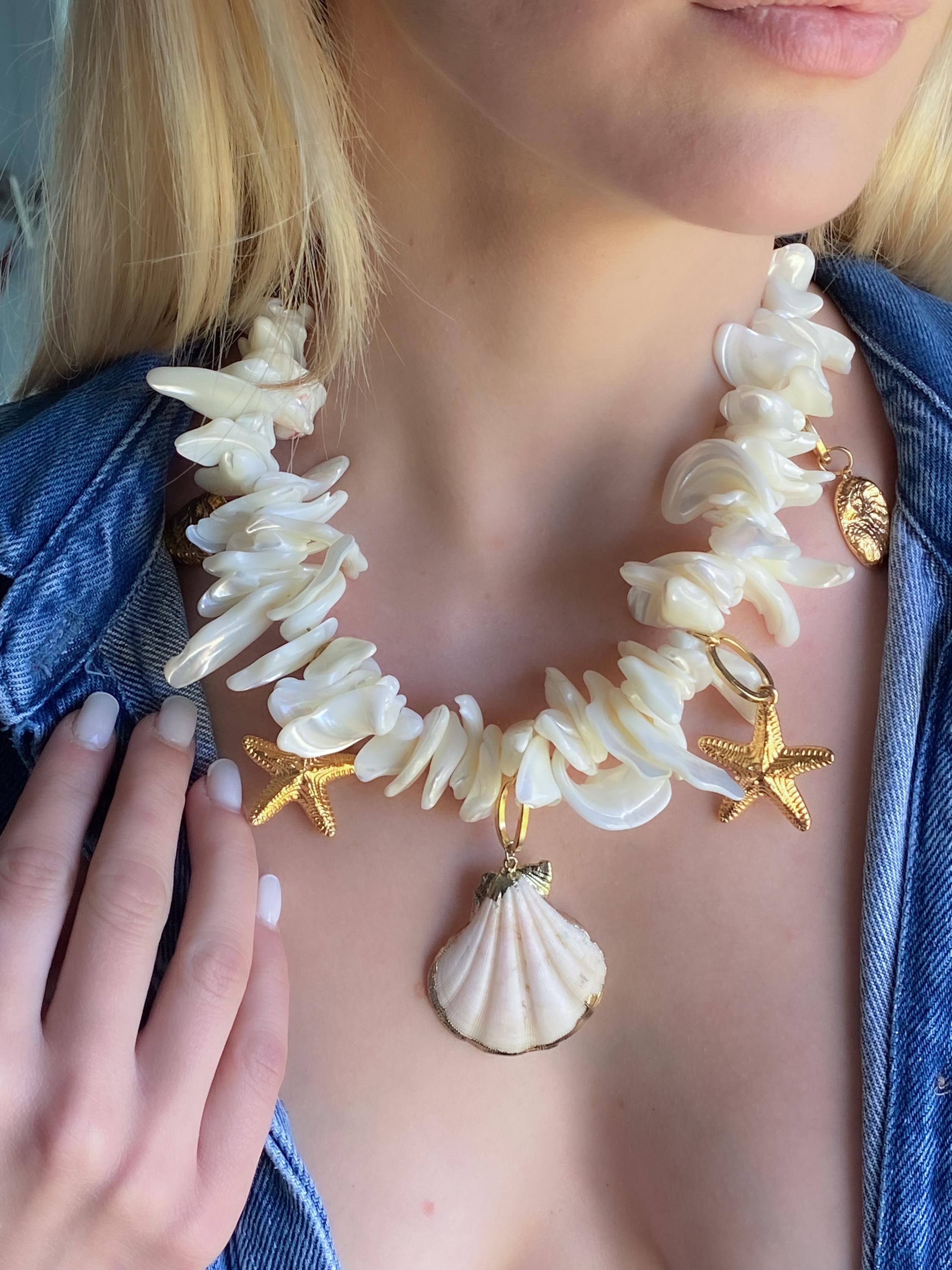 Extravagant Natural sea shell Necklace, Chunky charm necklace, Siren aesthetic Jewelry, Mermaid Festival necklace, Gift for her, CORDELIA