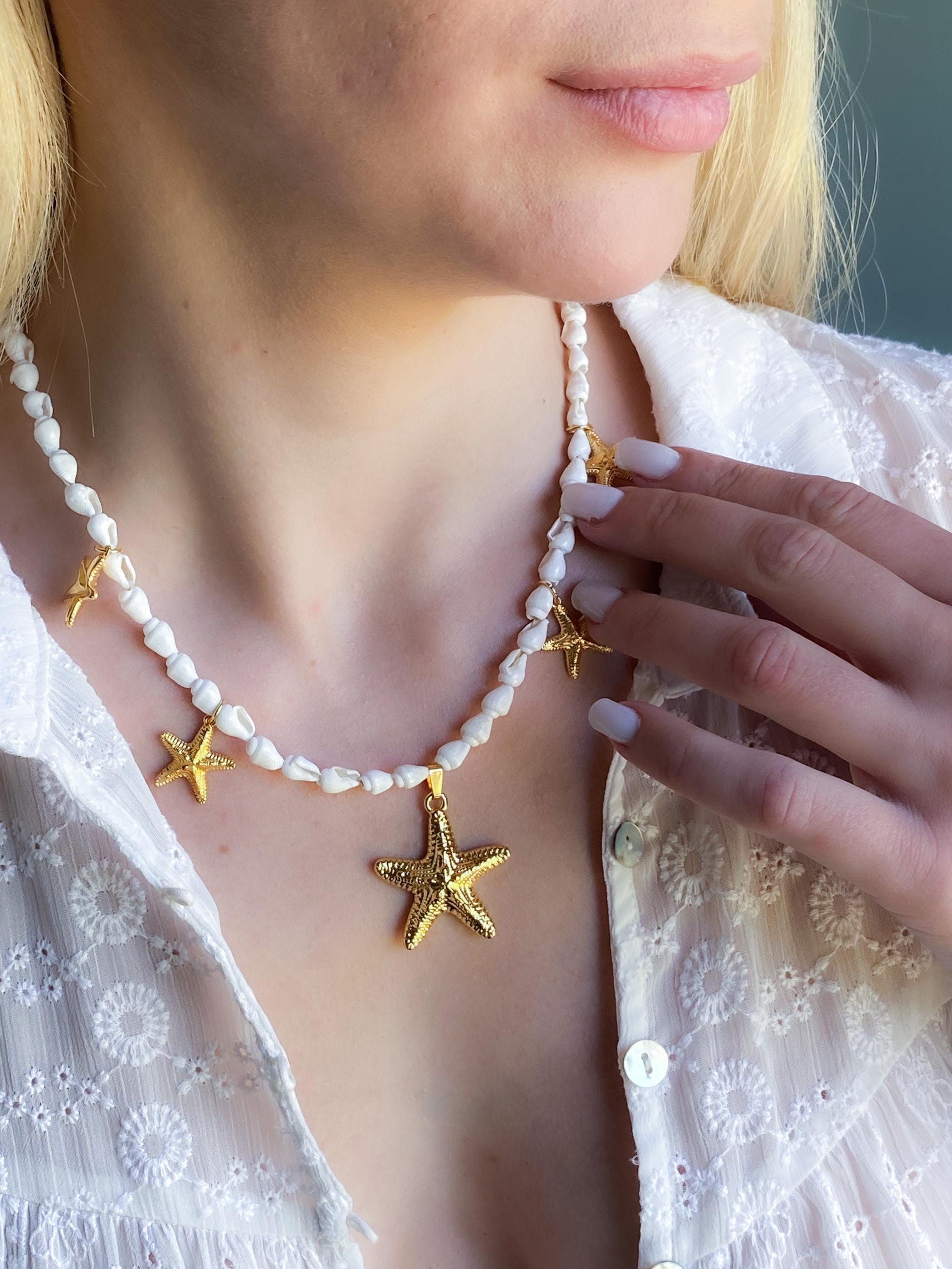 Sea shells Charm Necklace, Gold Starfish Pendant Necklace, Mermaid Summer Necklace, Beach Bridal Jewelry, Girlfriend Gift, STELLA