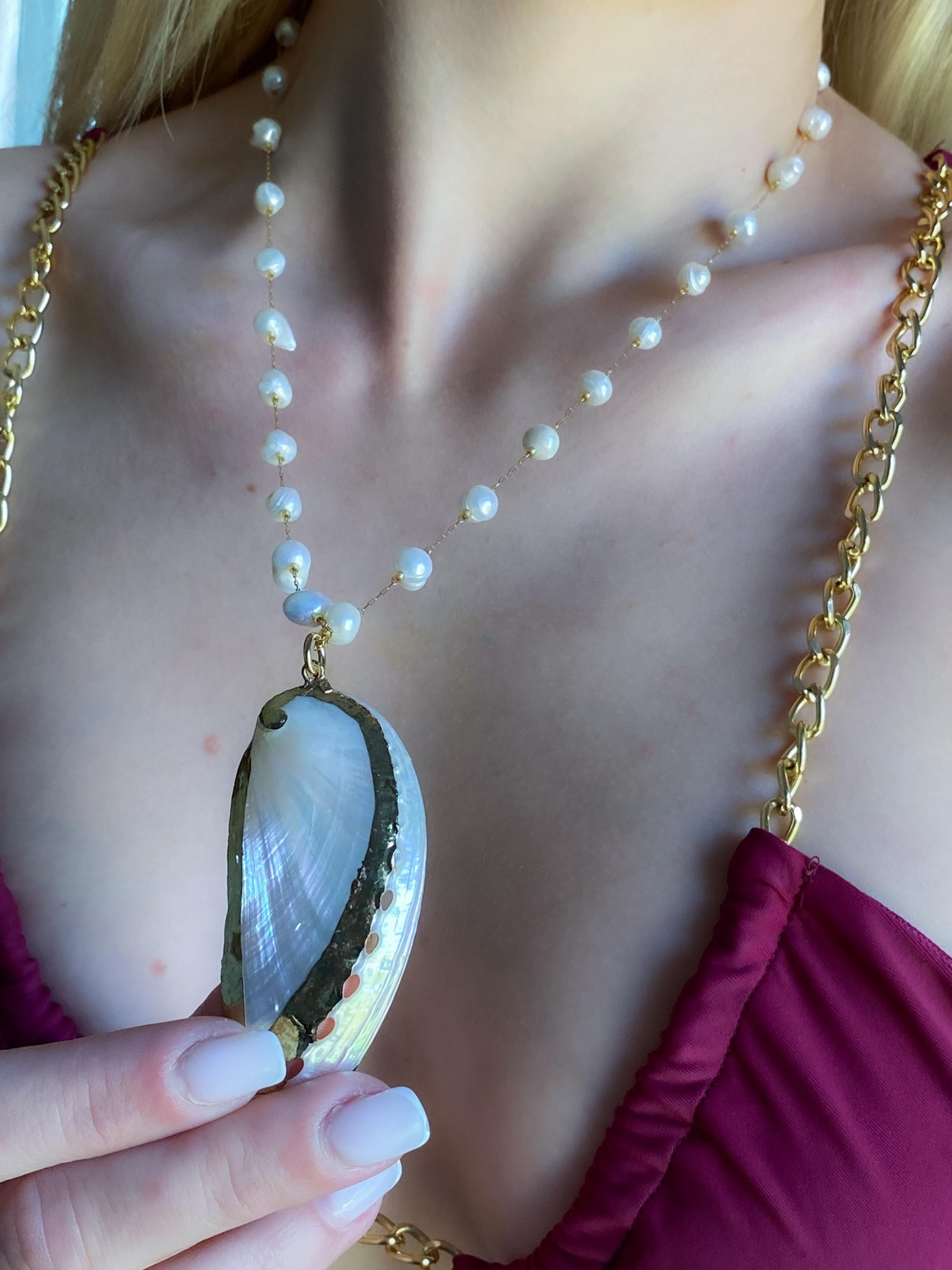 Natural Abalone sea shell Pendant Necklace, Long Freshwater pearls chain Necklace, Bridal Mermaid Summer necklace, Anniversary Gift, INDIA