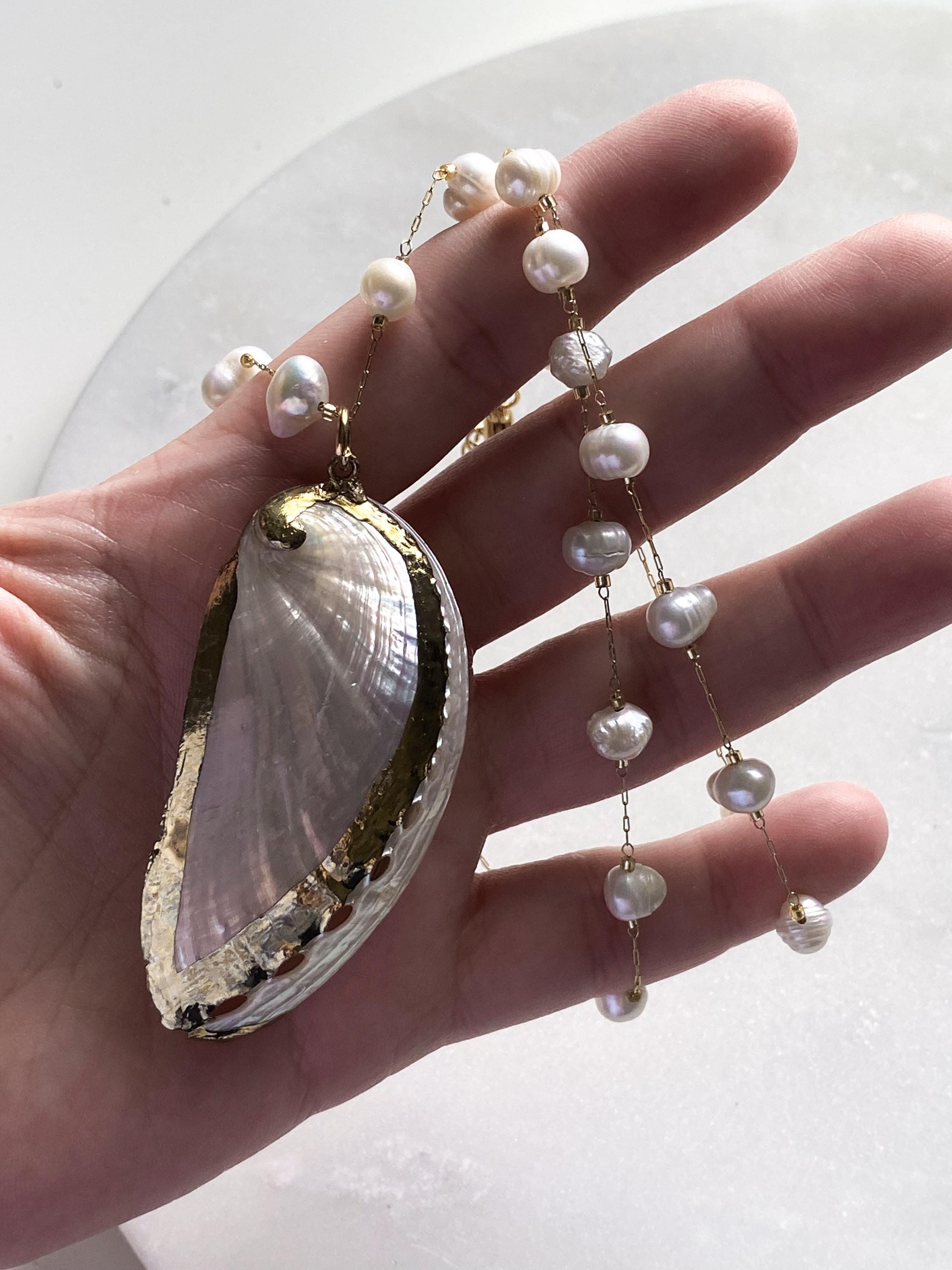 Natural Abalone sea shell Pendant Necklace, Long Freshwater pearls chain Necklace, Bridal Mermaid Summer necklace, Anniversary Gift, INDIA