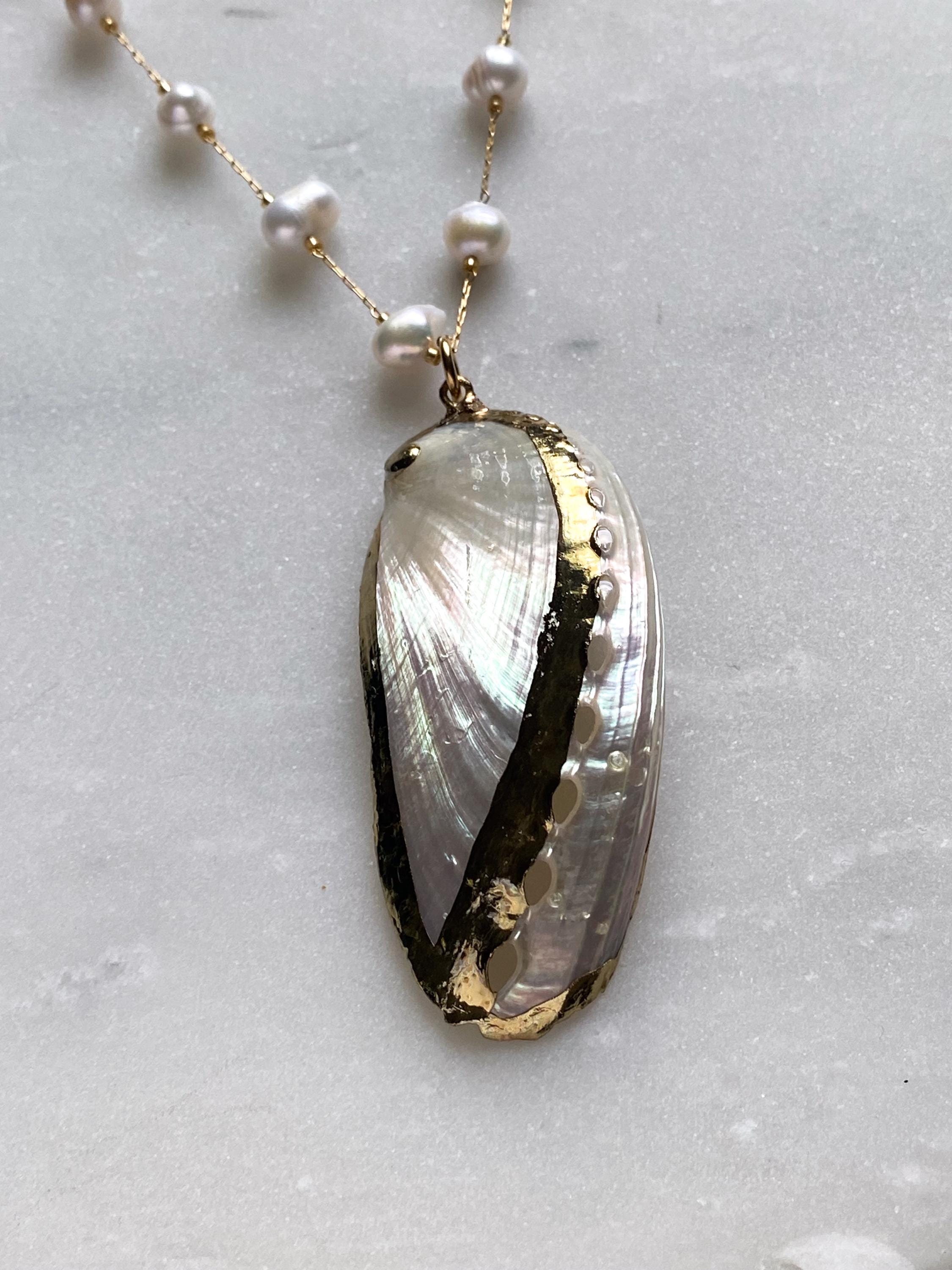 Natural Abalone sea shell Pendant Necklace, Long Freshwater pearls chain Necklace, Bridal Mermaid Summer necklace, Anniversary Gift, INDIA