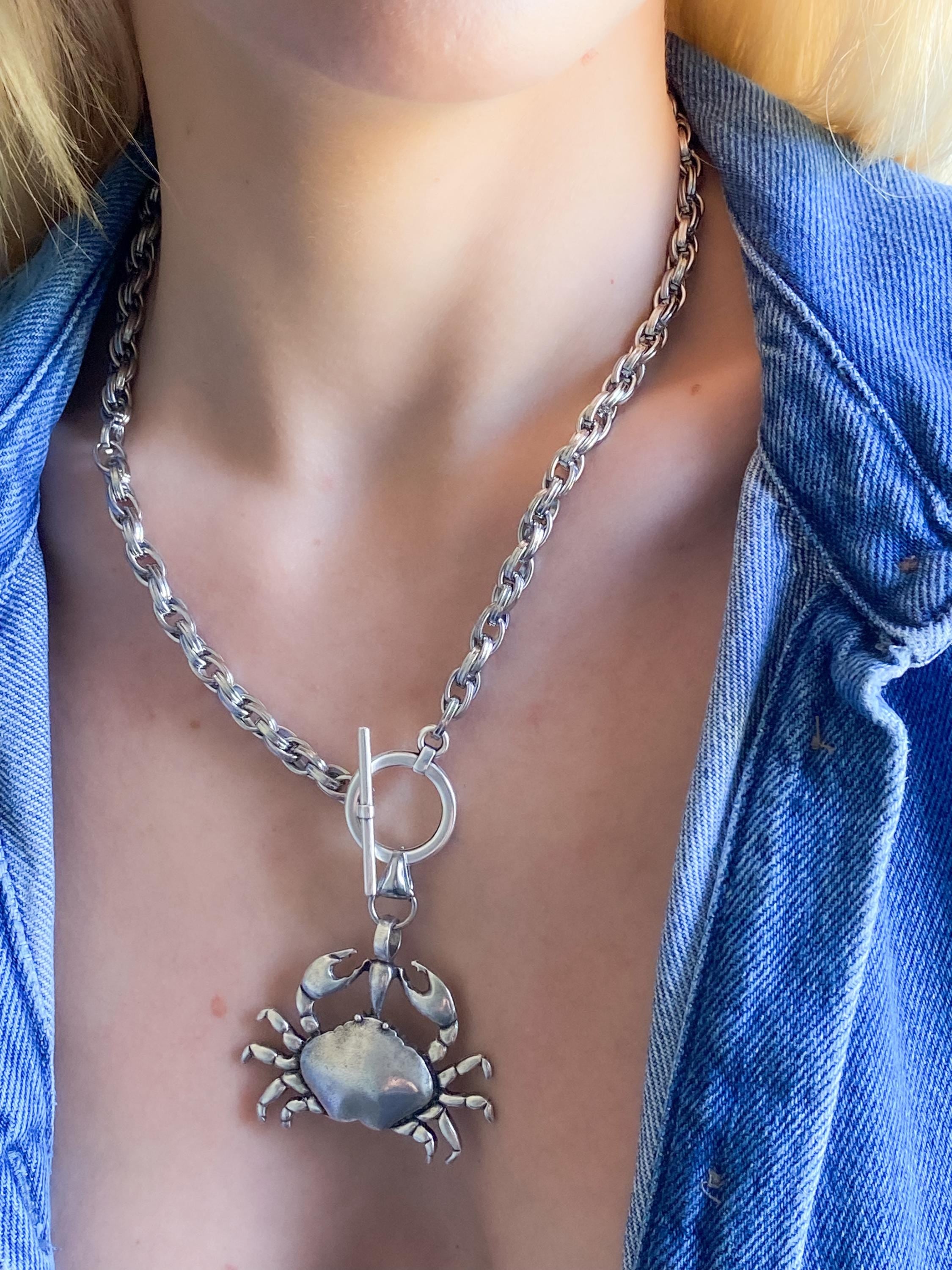Big Crab chunky chain Necklace, Large Silver Crab Pendant, Summer beach toggle necklace, Mermaid core, ONDA