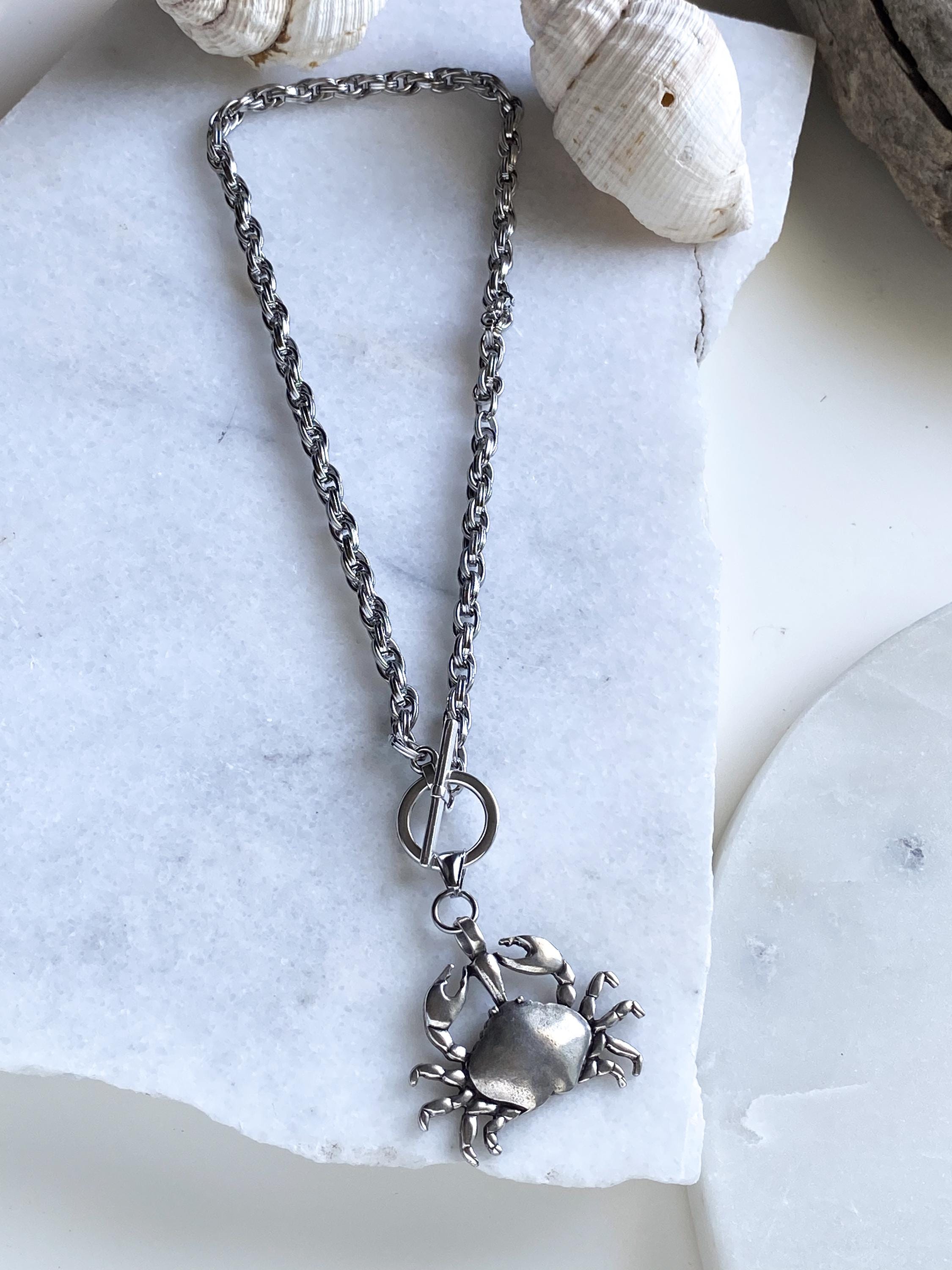 Big Crab chunky chain Necklace, Large Silver Crab Pendant, Summer beach toggle necklace, Mermaid core, ONDA