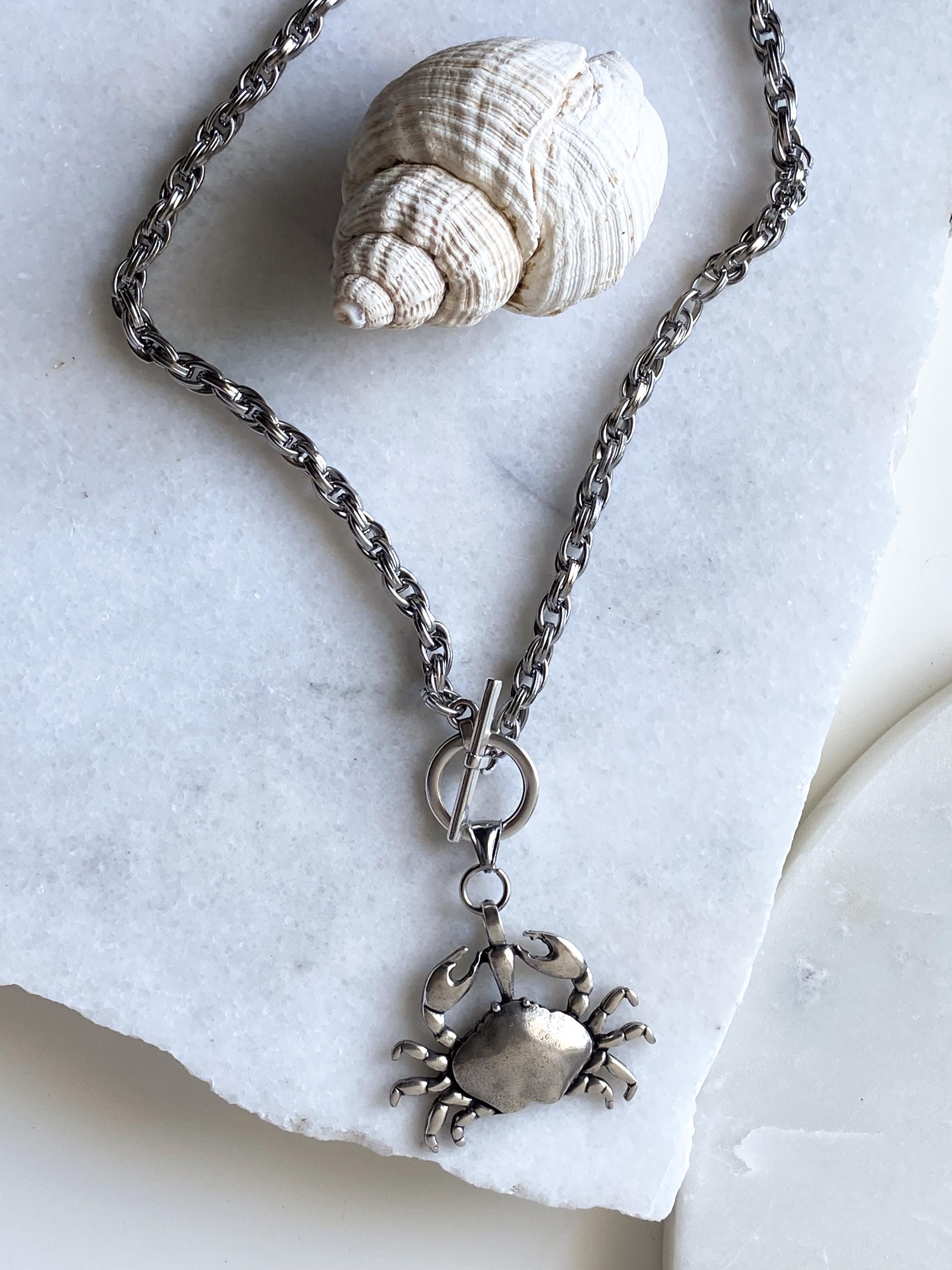 Big Crab chunky chain Necklace, Large Silver Crab Pendant, Summer beach toggle necklace, Mermaid core, ONDA