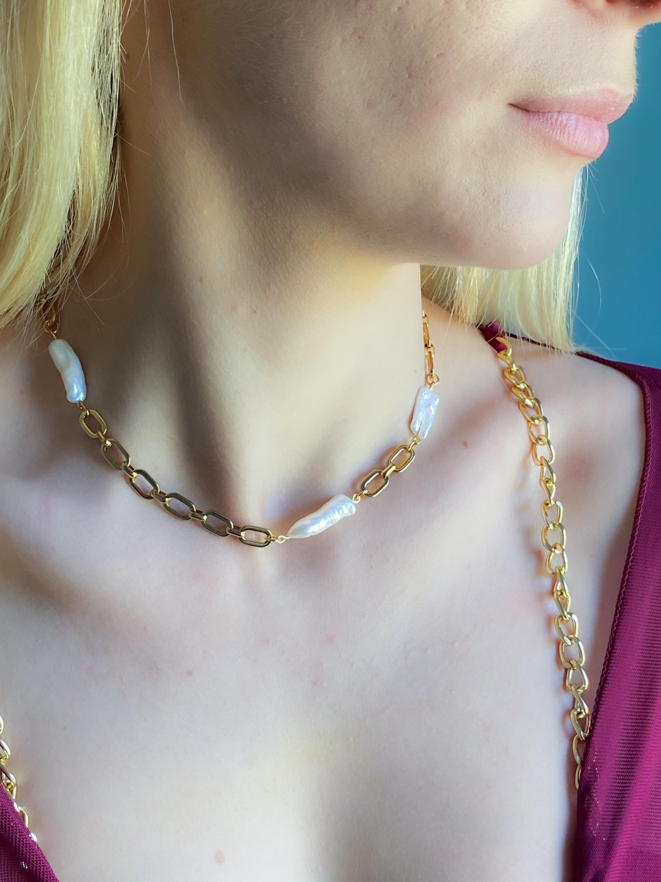 Wedding Freshwater Pearl Necklace, Irregular Baroque Pearls Necklace, Bridal Gold Choker Pearl Necklace, Wife Anniversary Gift, CETO