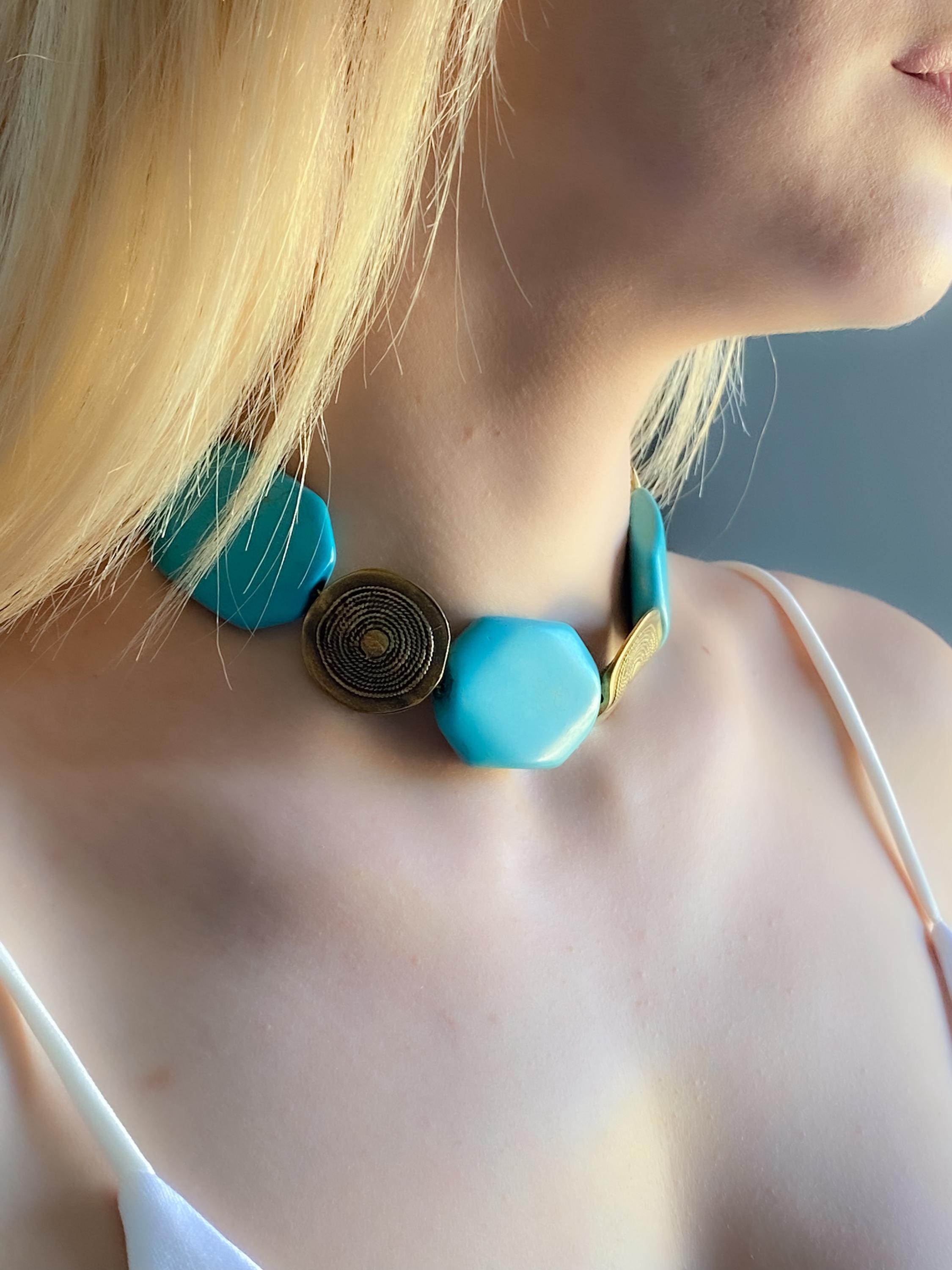 Chunky Turquoise Stone Choker, Oversize Blue beaded Necklace, Summer Choker necklace, Beach Festival Necklace, Birthday Gift for Her, SANDY