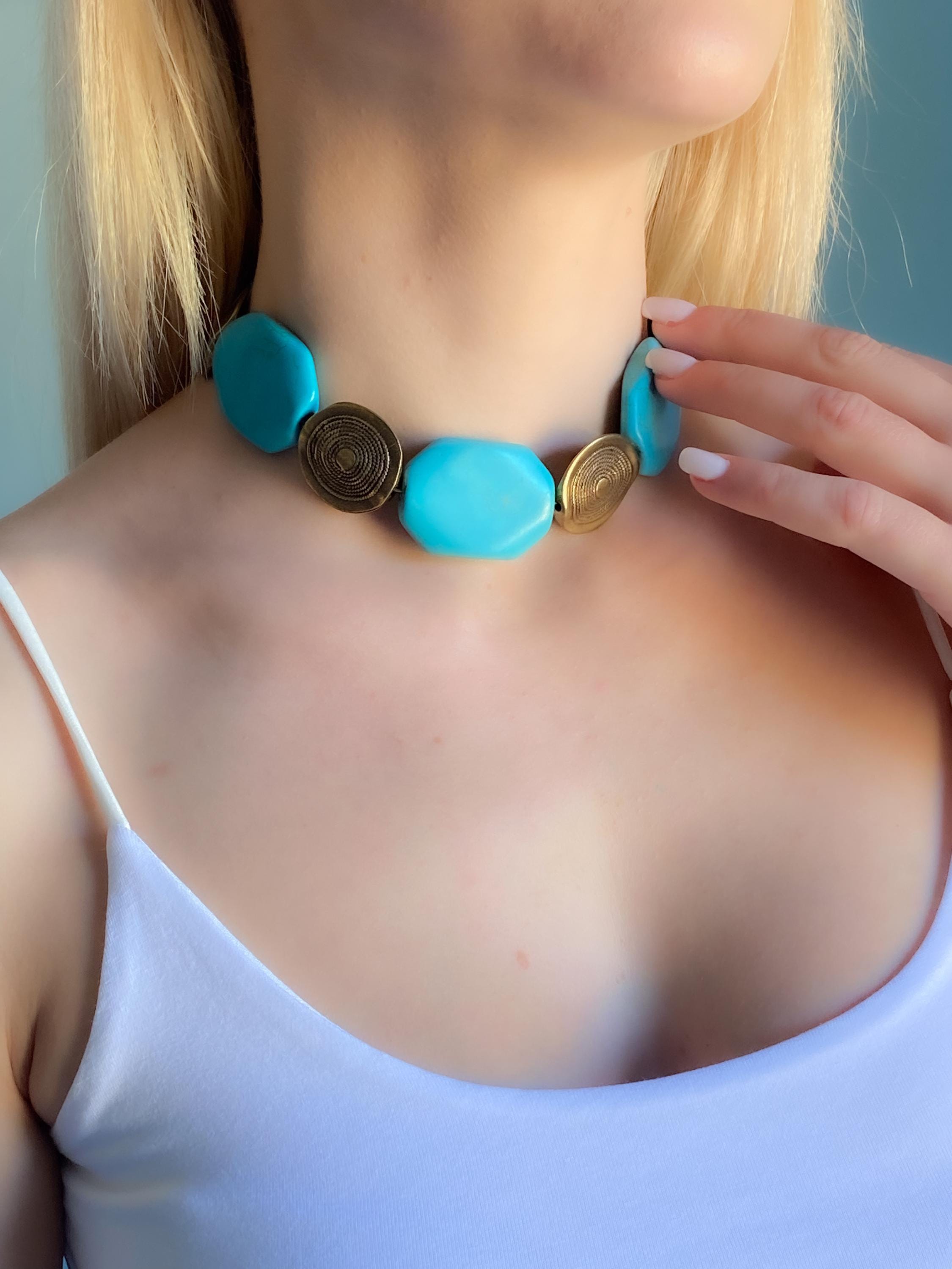 Chunky Turquoise Stone Choker, Oversize Blue beaded Necklace, Summer Choker necklace, Beach Festival Necklace, Birthday Gift for Her, SANDY