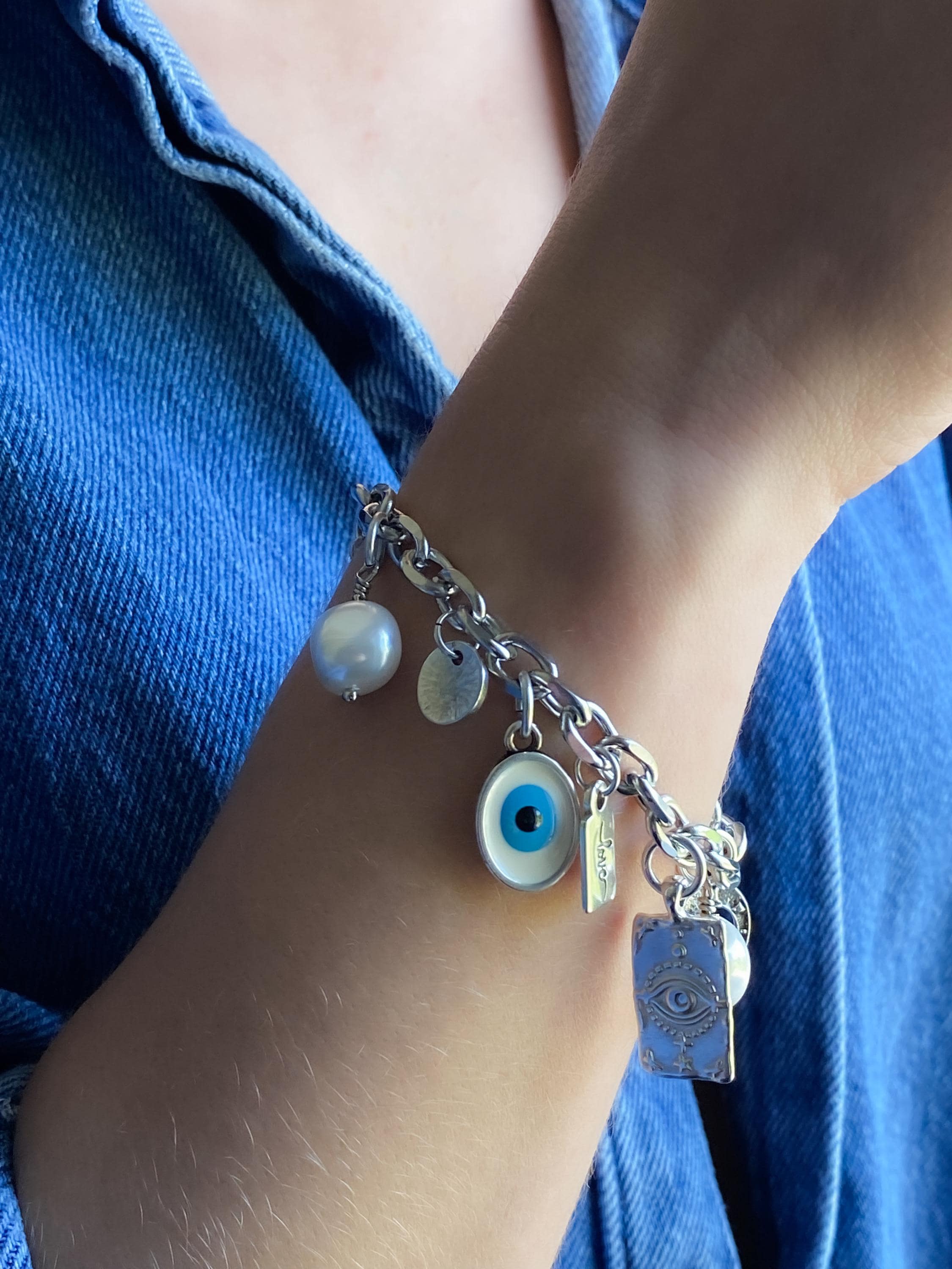 Silver charm bracelet, Evil eye Charm bracelet, Good luck bracelet, Women's chain bangle, Vintage Jewelry, Birthday Gift for her, SYBIL