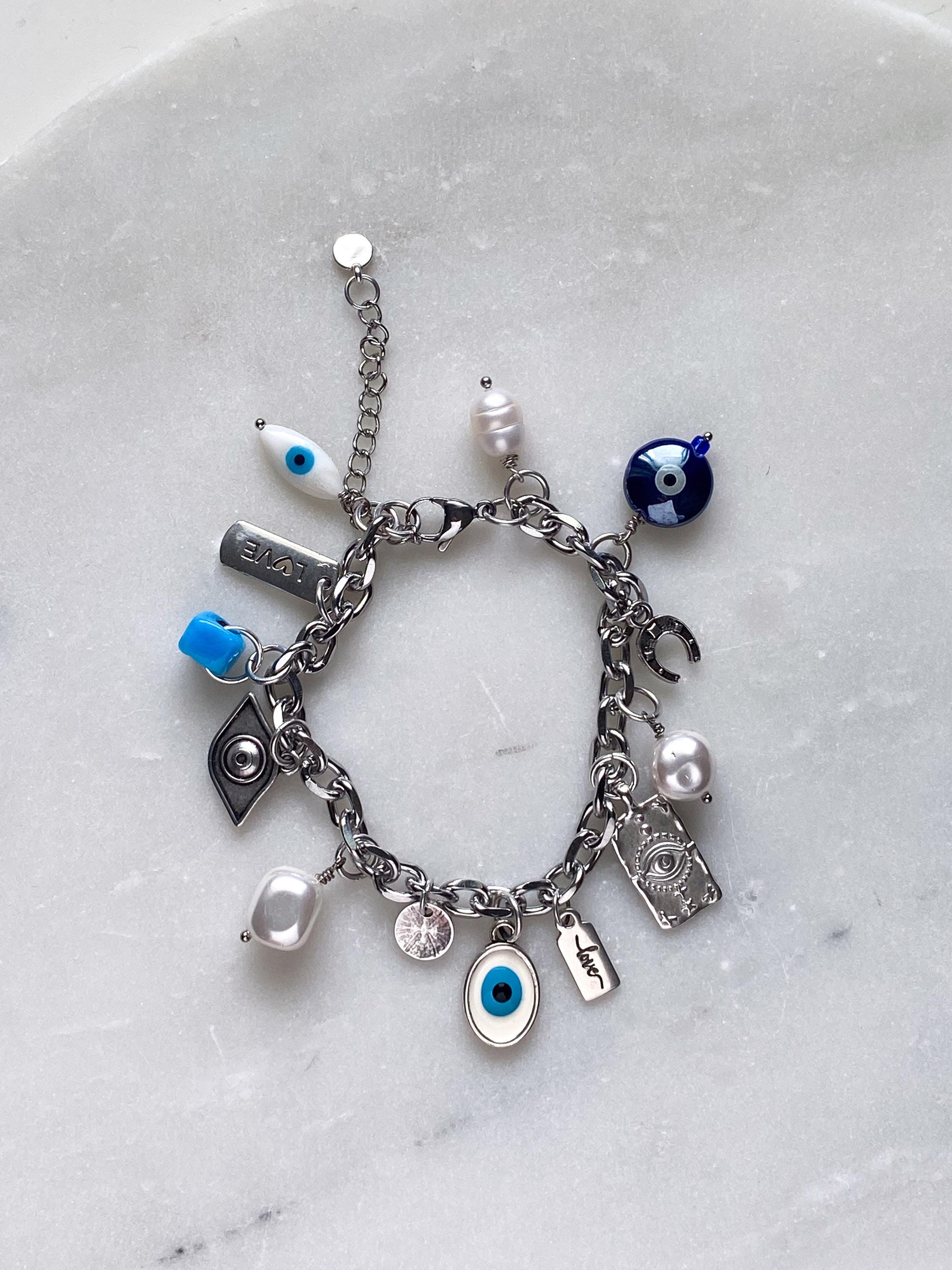 Silver charm bracelet, Evil eye Charm bracelet, Good luck bracelet, Women's chain bangle, Vintage Jewelry, Birthday Gift for her, SYBIL