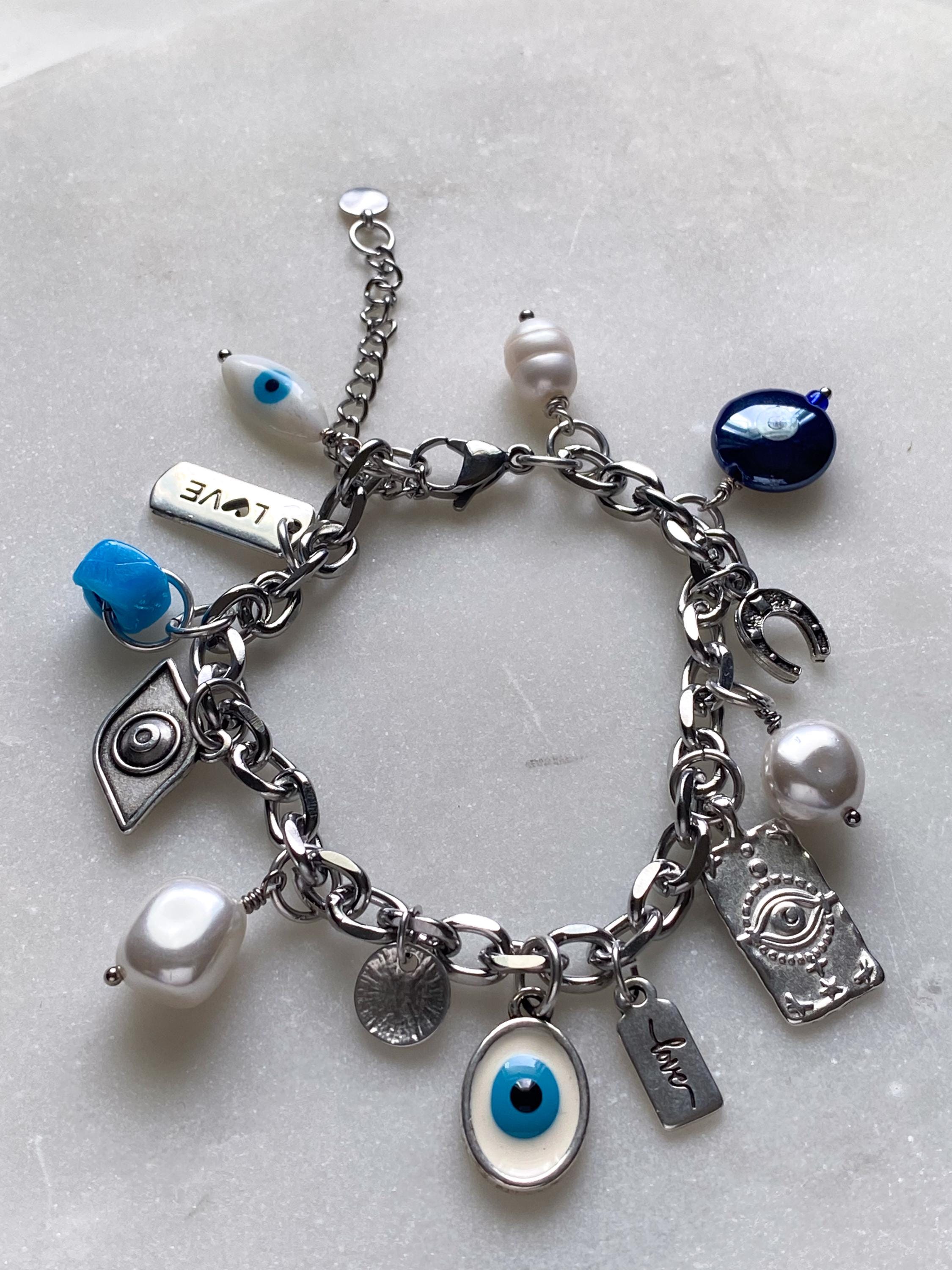 Silver charm bracelet, Evil eye Charm bracelet, Good luck bracelet, Women's chain bangle, Vintage Jewelry, Birthday Gift for her, SYBIL