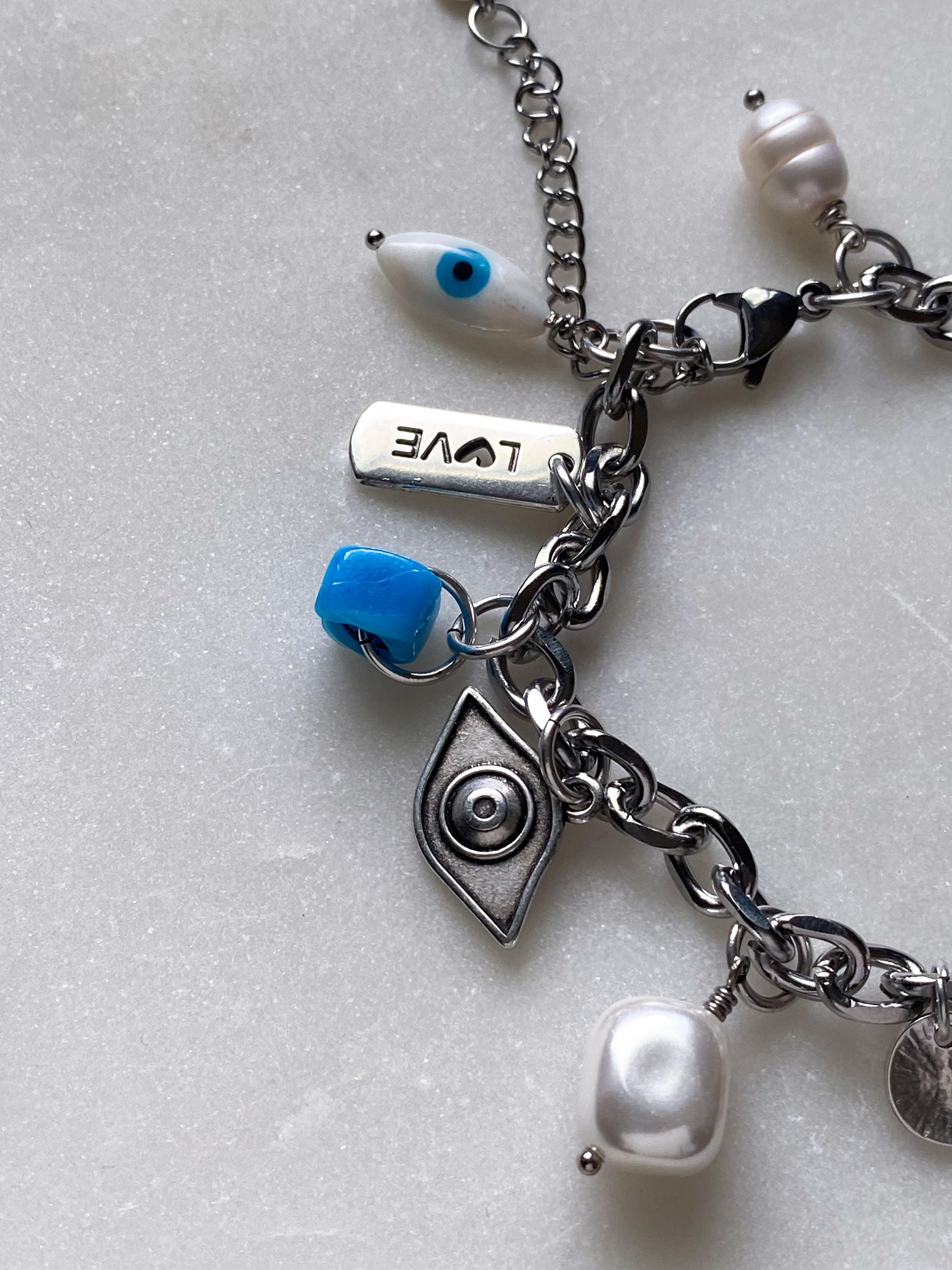 Silver charm bracelet, Evil eye Charm bracelet, Good luck bracelet, Women's chain bangle, Vintage Jewelry, Birthday Gift for her, SYBIL