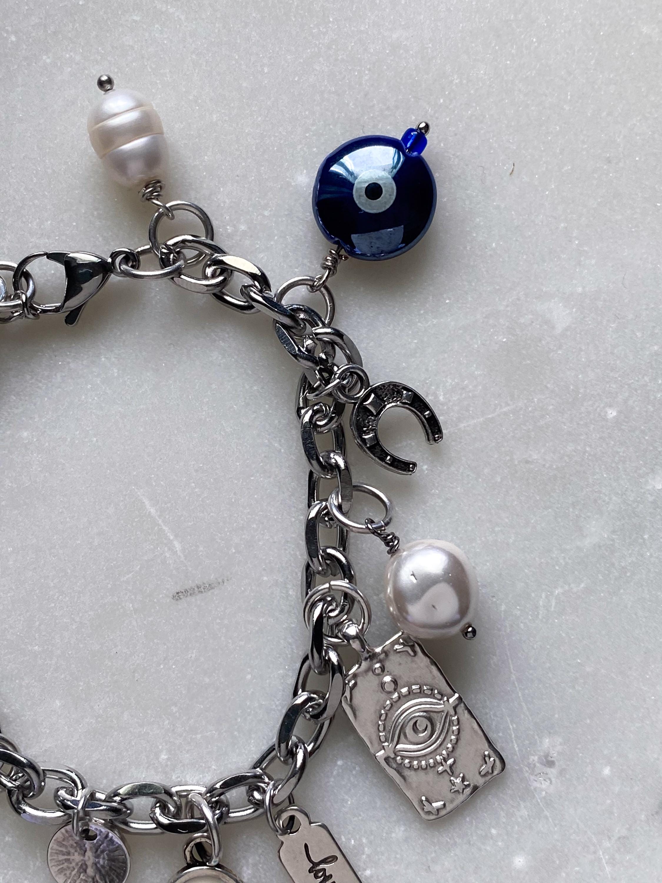 Silver charm bracelet, Evil eye Charm bracelet, Good luck bracelet, Women's chain bangle, Vintage Jewelry, Birthday Gift for her, SYBIL